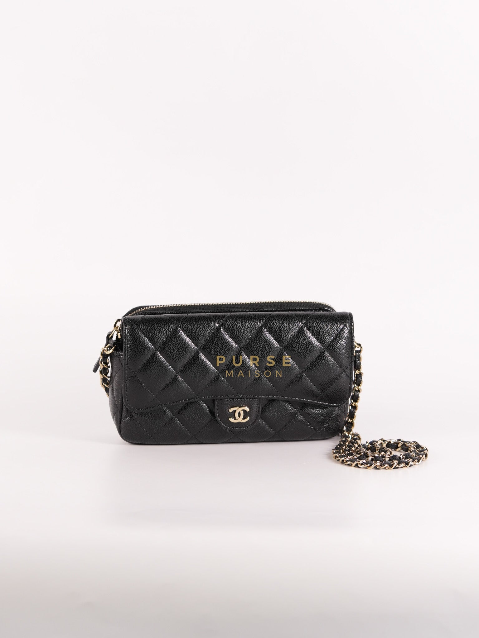 Flap Phone Holder in Black Caviar Leather Light Gold Hardware (Microchip) | Purse Maison Luxury Bags Shop