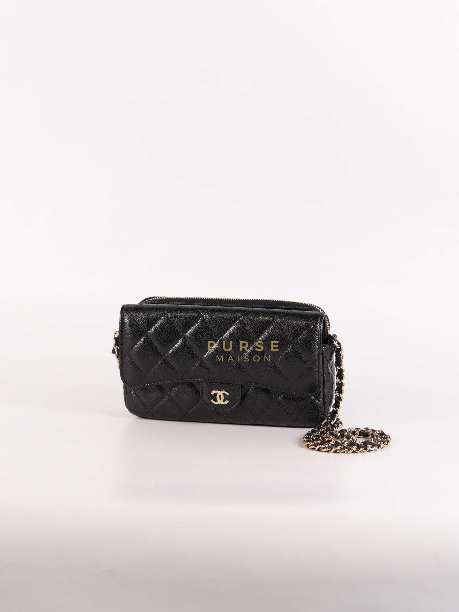 Flap Phone Holder in Black Caviar Leather Light Gold Hardware (Microchip) | Purse Maison Luxury Bags Shop