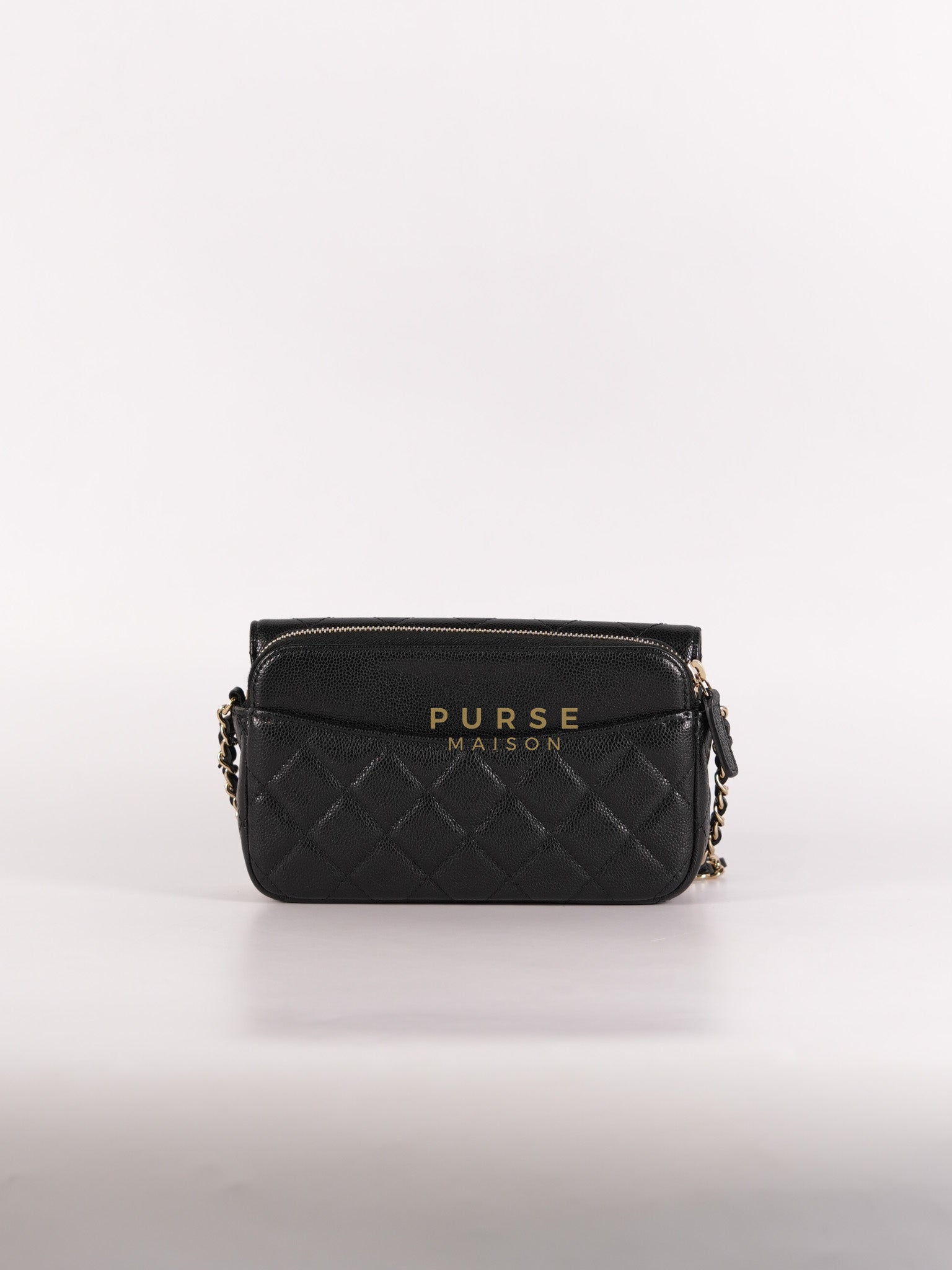 Flap Phone Holder in Black Caviar Leather Light Gold Hardware (Microchip) | Purse Maison Luxury Bags Shop