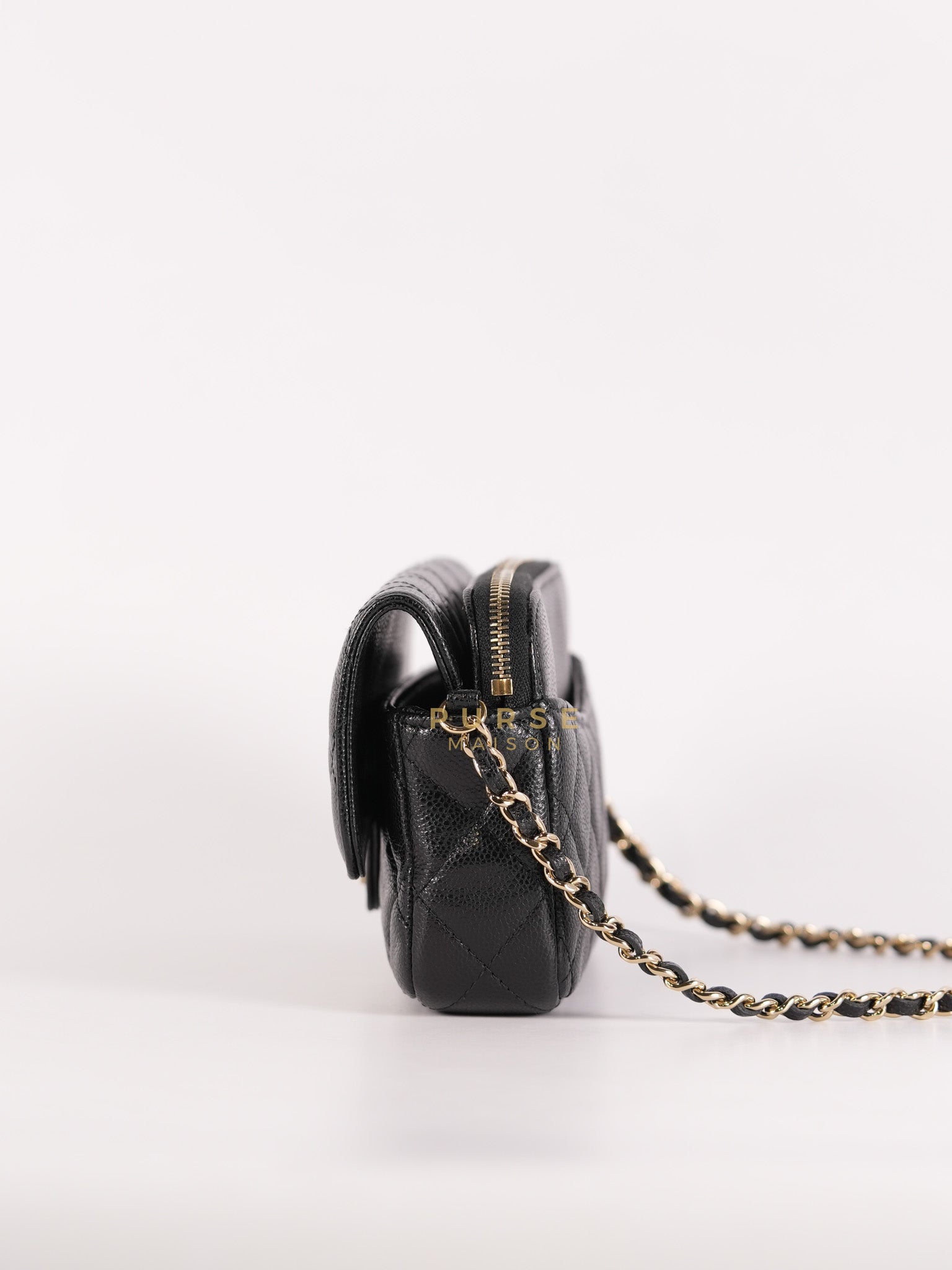 Flap Phone Holder in Black Caviar Leather Light Gold Hardware (Microchip) | Purse Maison Luxury Bags Shop