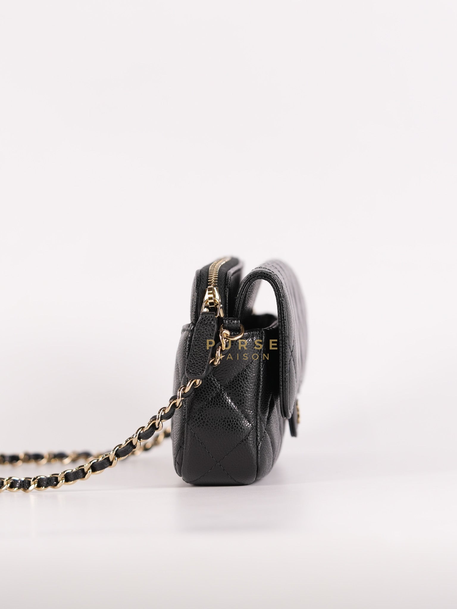 Flap Phone Holder in Black Caviar Leather Light Gold Hardware (Microchip) | Purse Maison Luxury Bags Shop