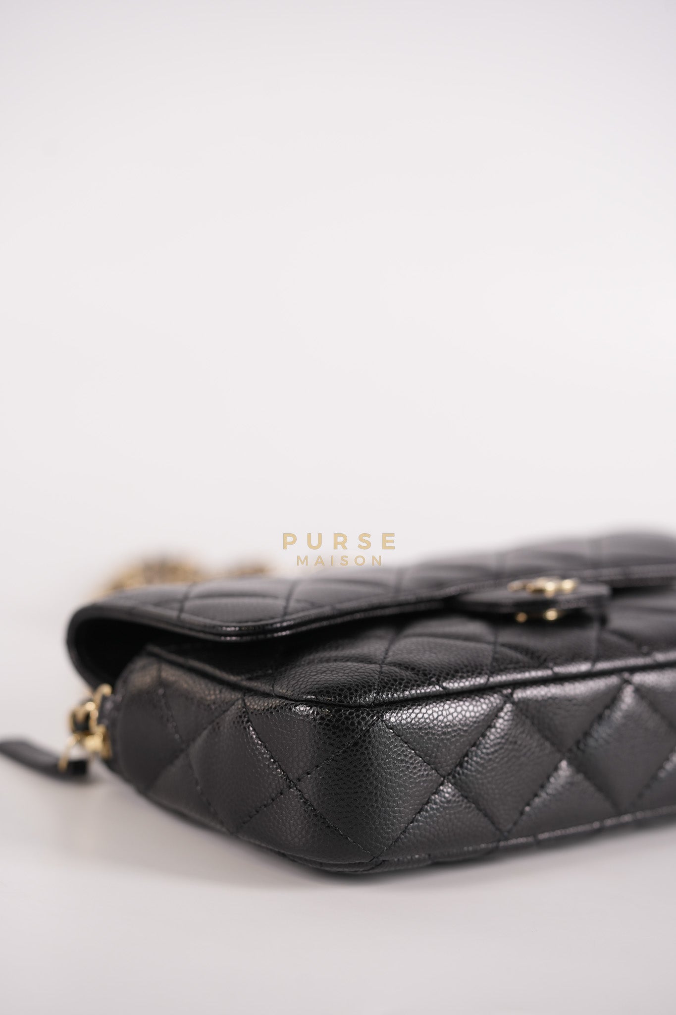 Flap Phone Holder in Black Caviar Leather Light Gold Hardware (Microchip) | Purse Maison Luxury Bags Shop