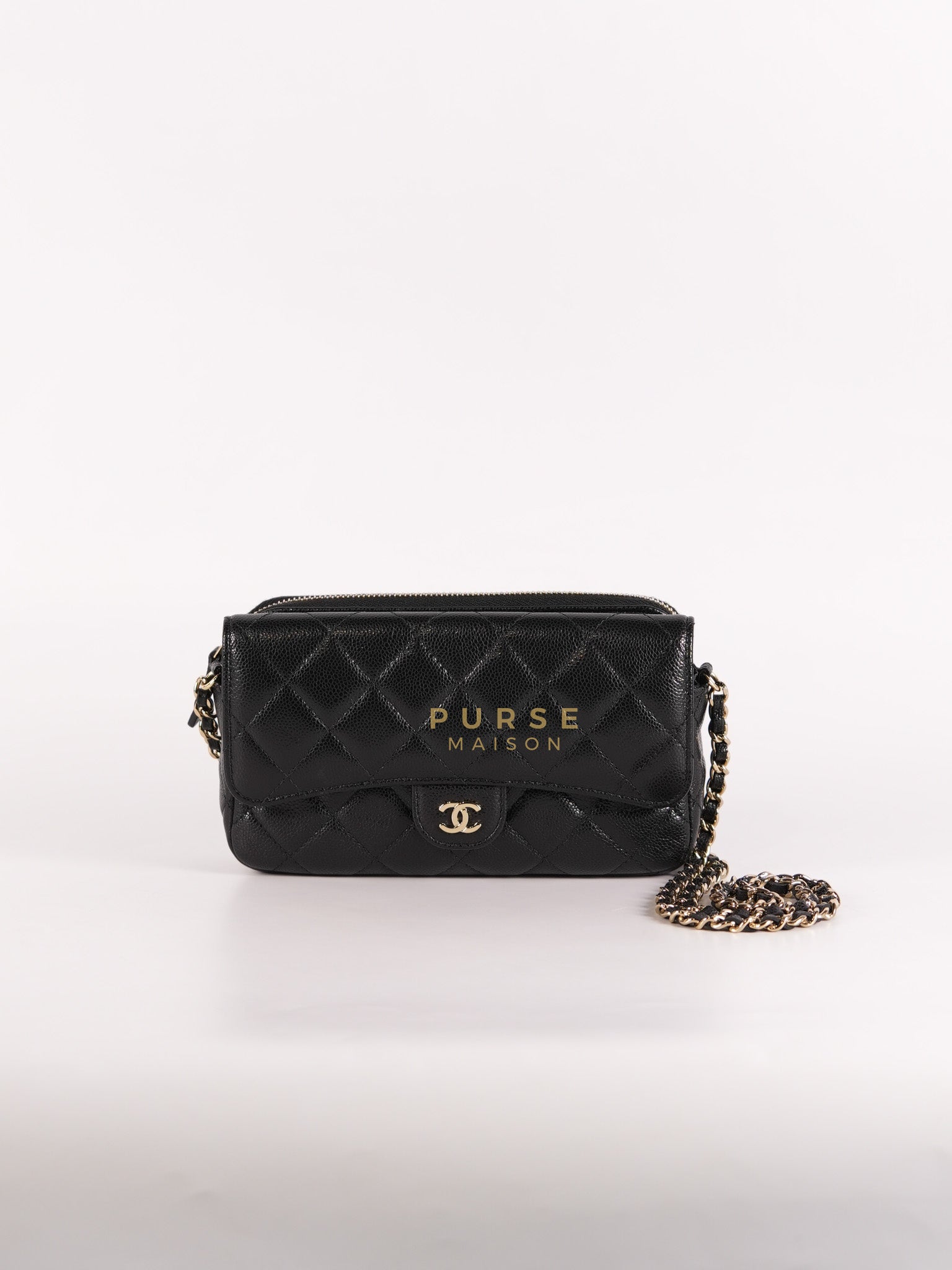 Flap Phone Holder in Black Caviar Leather Light Gold Hardware (Microchip) | Purse Maison Luxury Bags Shop