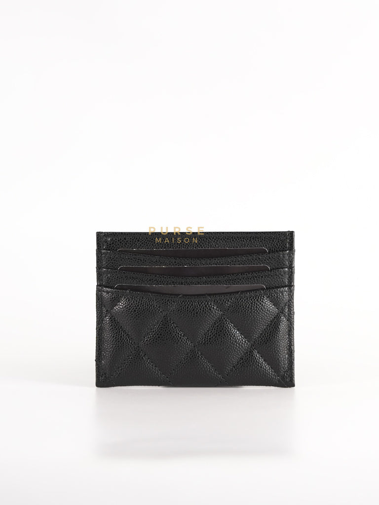 Flat Card Holder Black Caviar Leather in Light Gold Hardware (Microchip) | Purse Maison Luxury Bags Shop