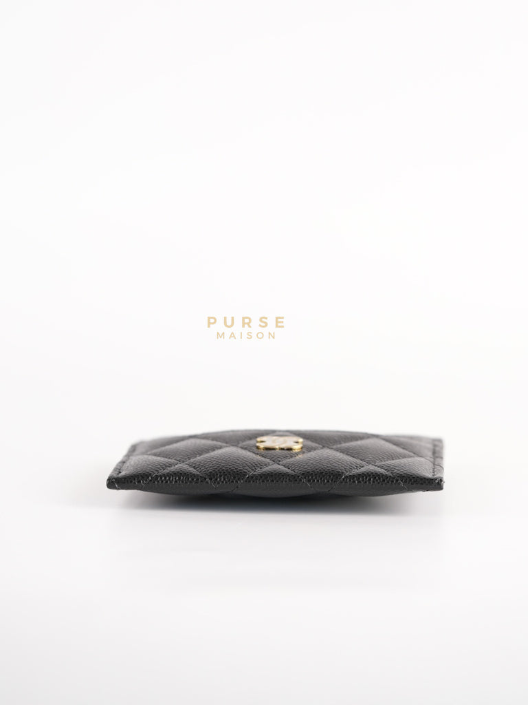 Flat Card Holder Black Caviar Leather in Light Gold Hardware (Microchip) | Purse Maison Luxury Bags Shop