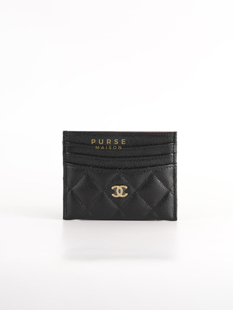 Flat Card Holder Black Caviar Leather in Light Gold Hardware (Microchip) | Purse Maison Luxury Bags Shop