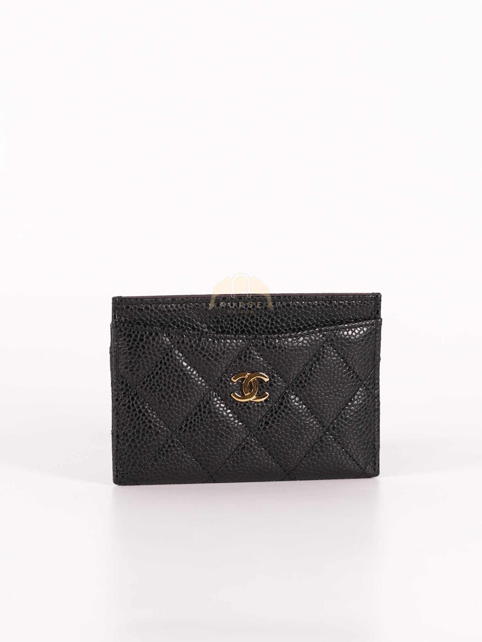 Flat Card Holder in Black Caviar Leather and Gold Hardware Series 29 | Purse Maison Luxury Bags Shop