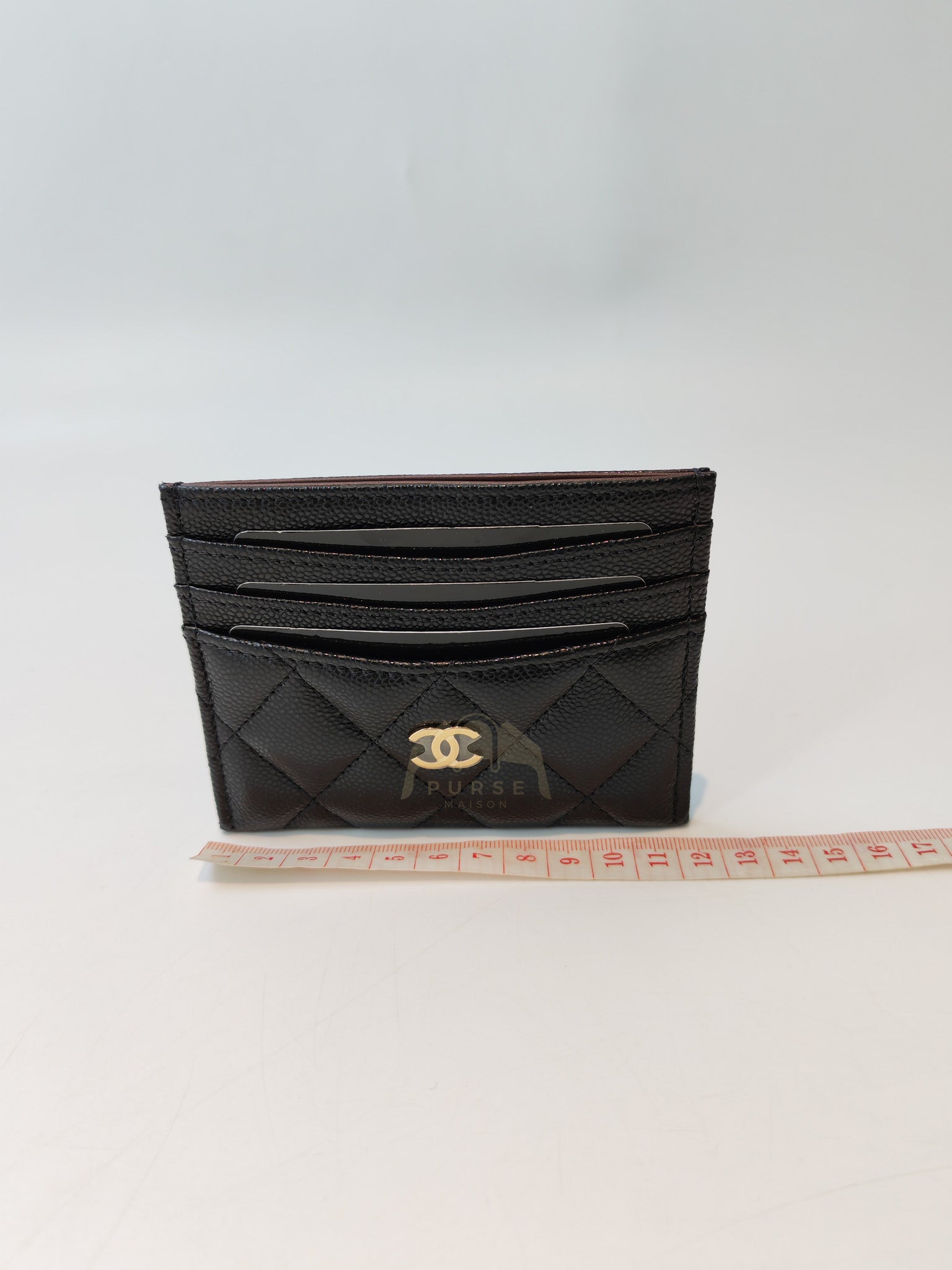 Flat Card Holder(Medium 7 Slots) in Black Caviar Leather & Gold Hardware (Microchip) | Purse Maison Luxury Bags Shop