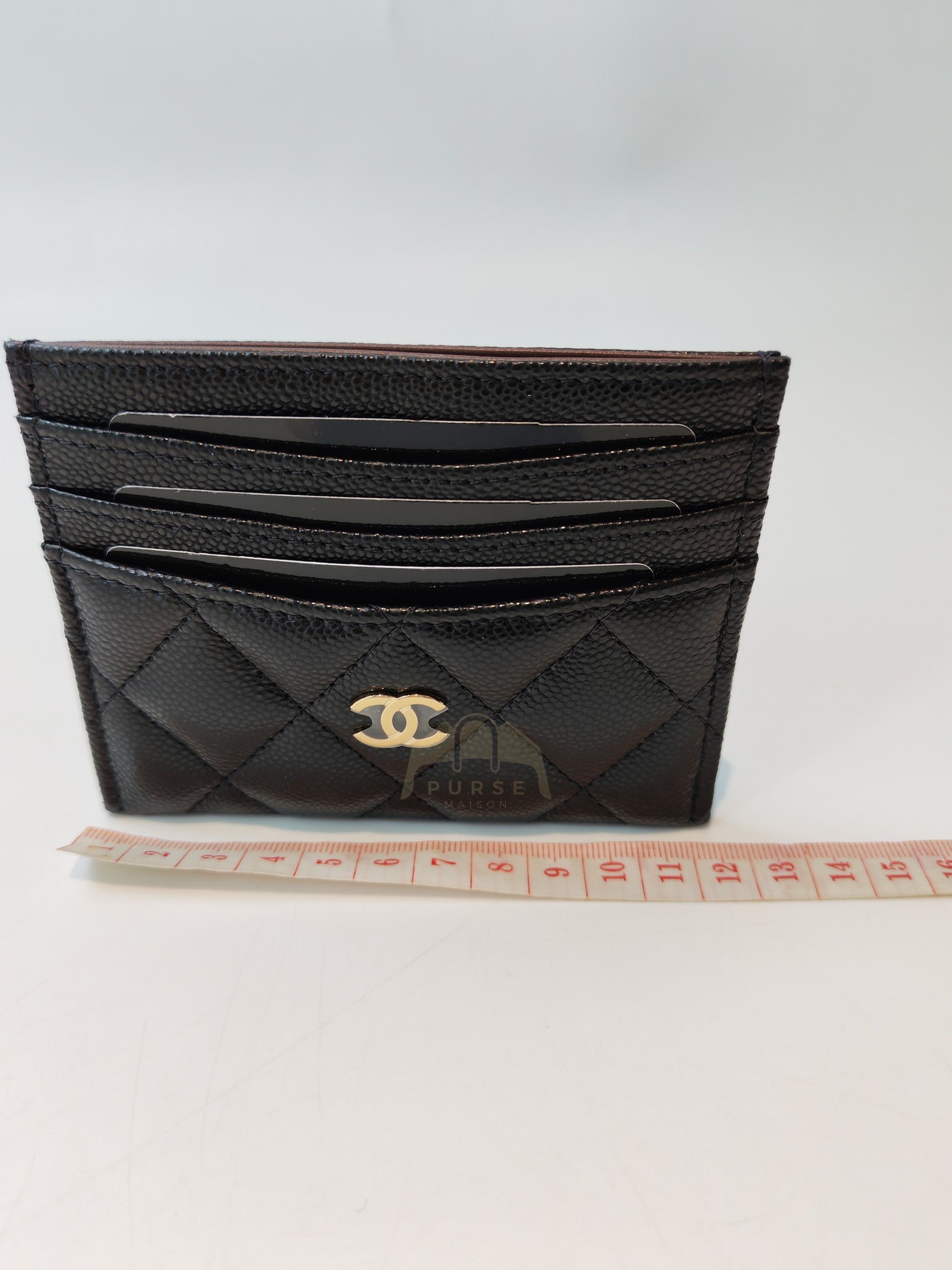 Flat Card Holder(Medium 7 Slots) in Black Caviar Leather & Gold Hardware (Microchip) | Purse Maison Luxury Bags Shop