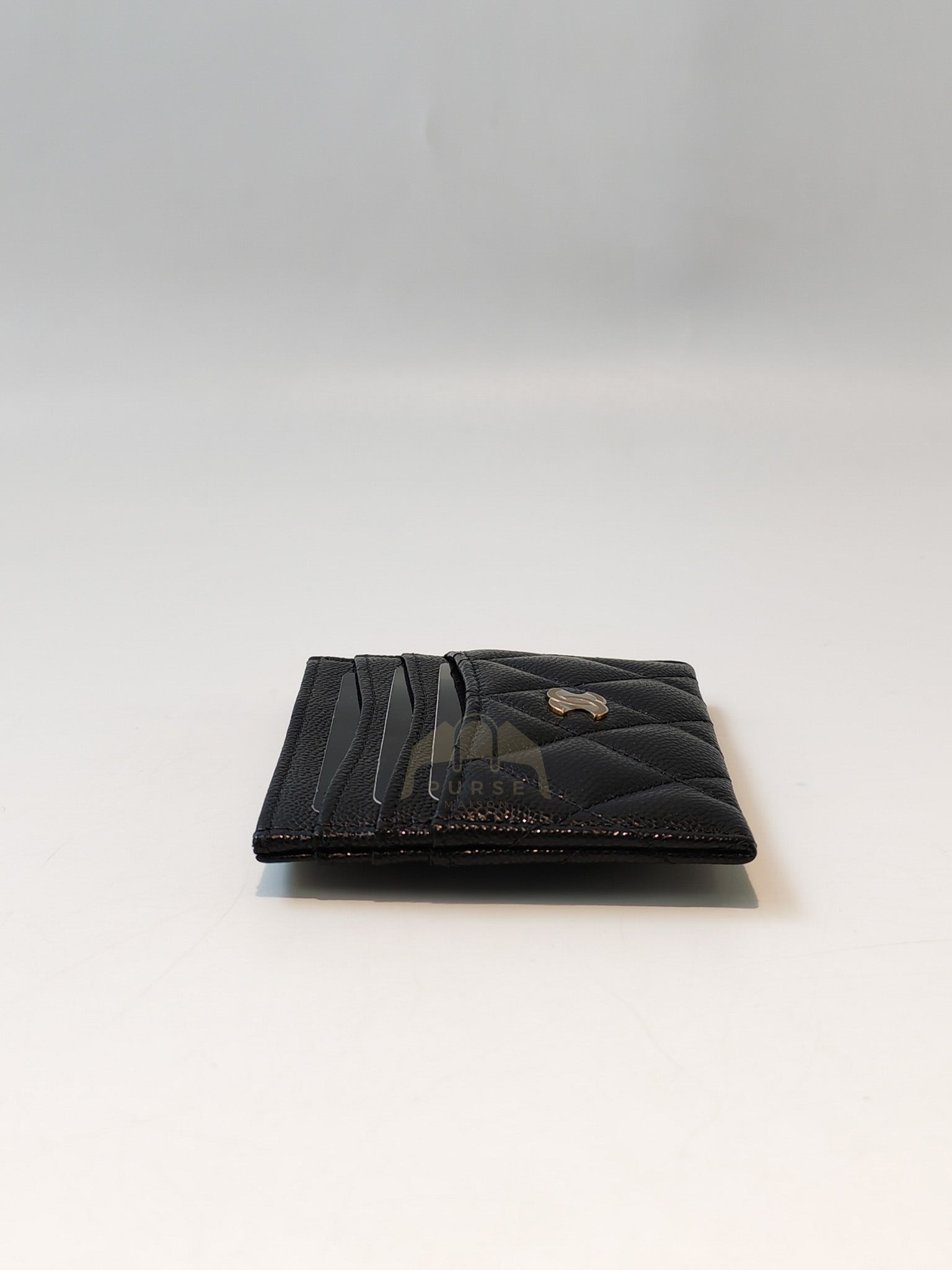 Flat Card Holder(Medium 7 Slots) in Black Caviar Leather & Gold Hardware (Microchip) | Purse Maison Luxury Bags Shop