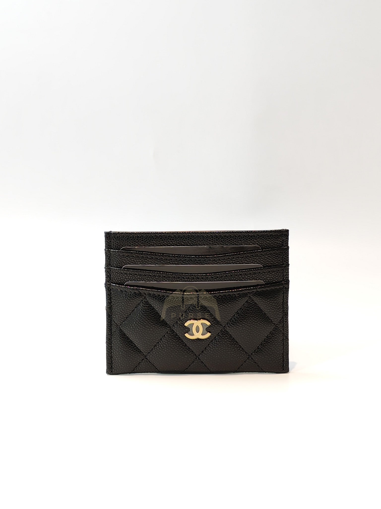 Flat Card Holder(Medium 7 Slots) in Black Caviar Leather & Gold Hardware (Microchip) | Purse Maison Luxury Bags Shop