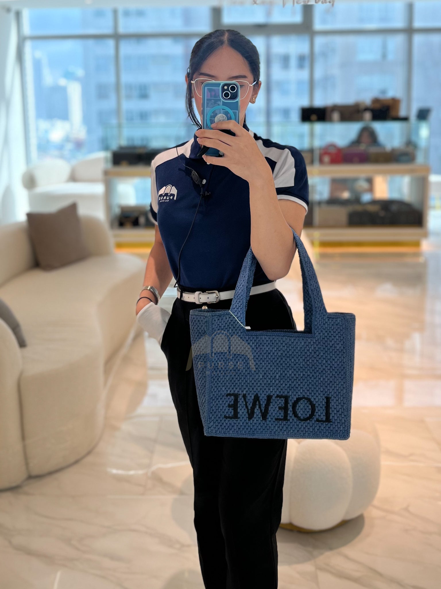 Font Medium Tote Bag in Light Blue Raffia Canvas & Silver Hardware | Purse Maison Luxury Bags Shop