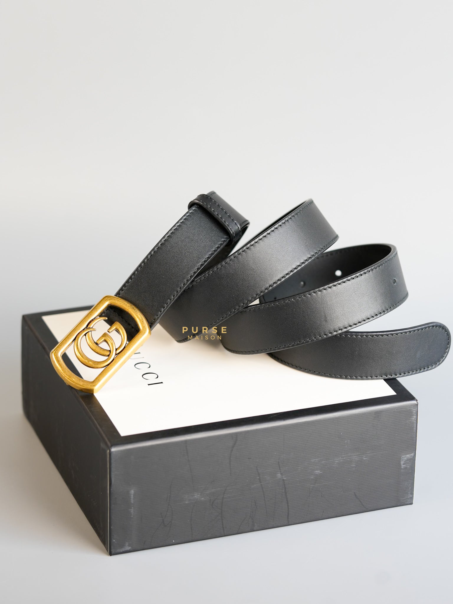 Framed GG Buckle in Black Leather Belt (90cm) | Purse Maison Luxury Bags Shop