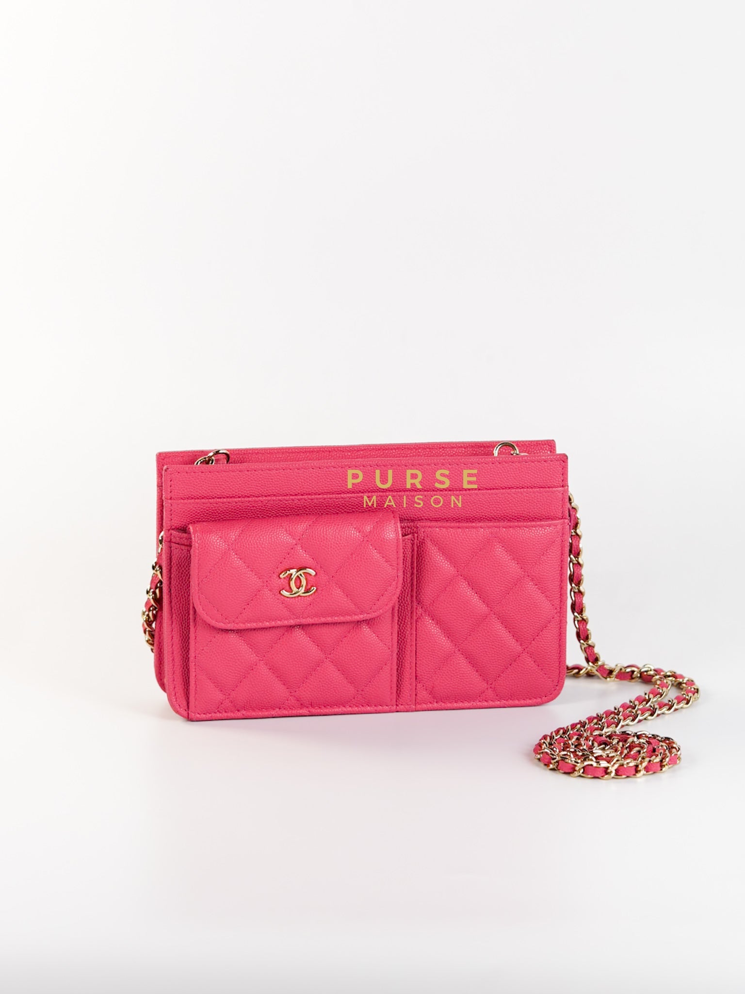 Front Pocket Wallet on Chain in Pink Caviar Leather & Light Gold Hardware Series 29 | Purse Maison Luxury Bags Shop