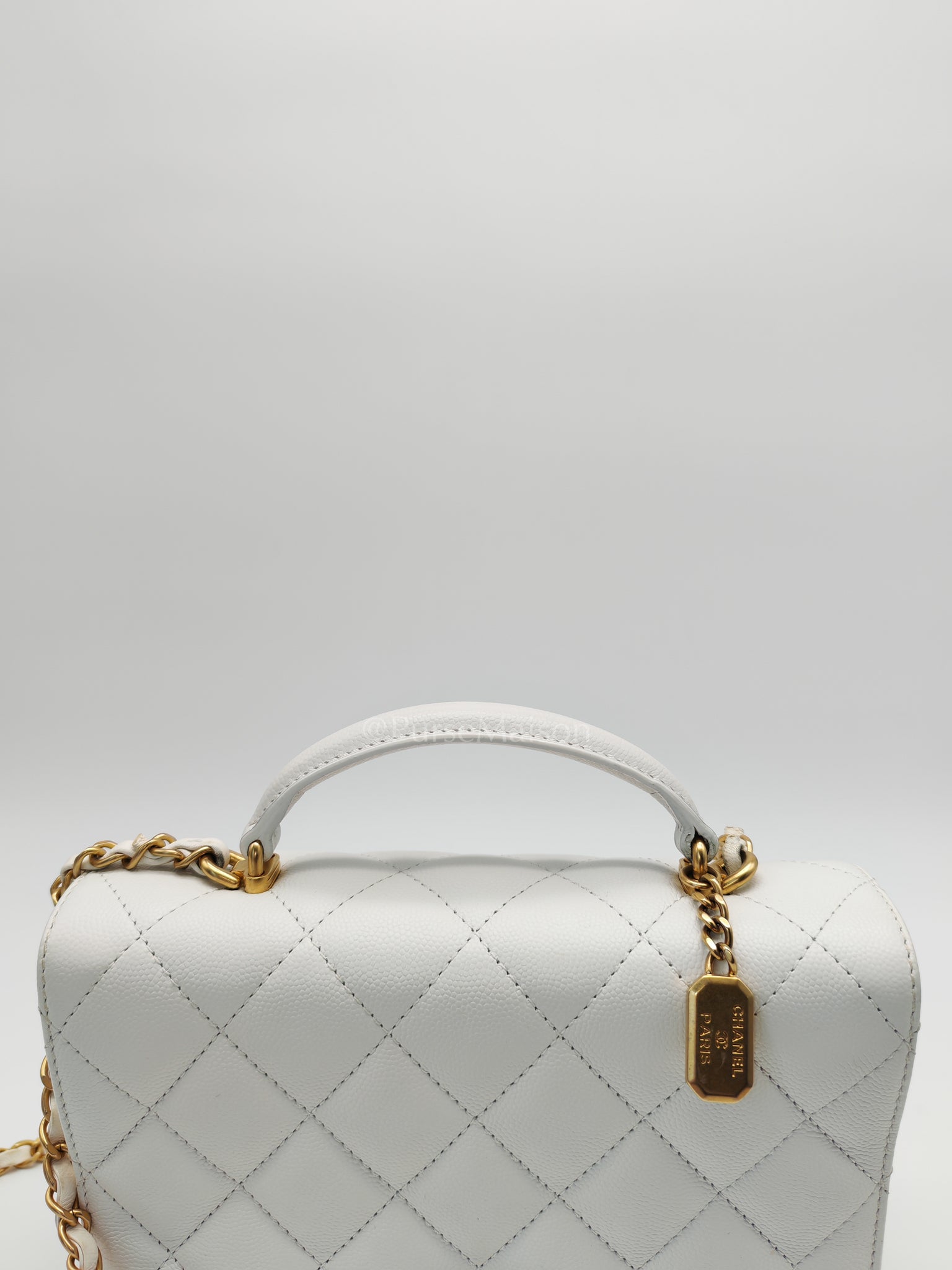 Full Flap Top Handle in White Caviar Calfskin Leather and Aged Gold Hardware (Microchip) | Purse Maison Luxury Bags Shop