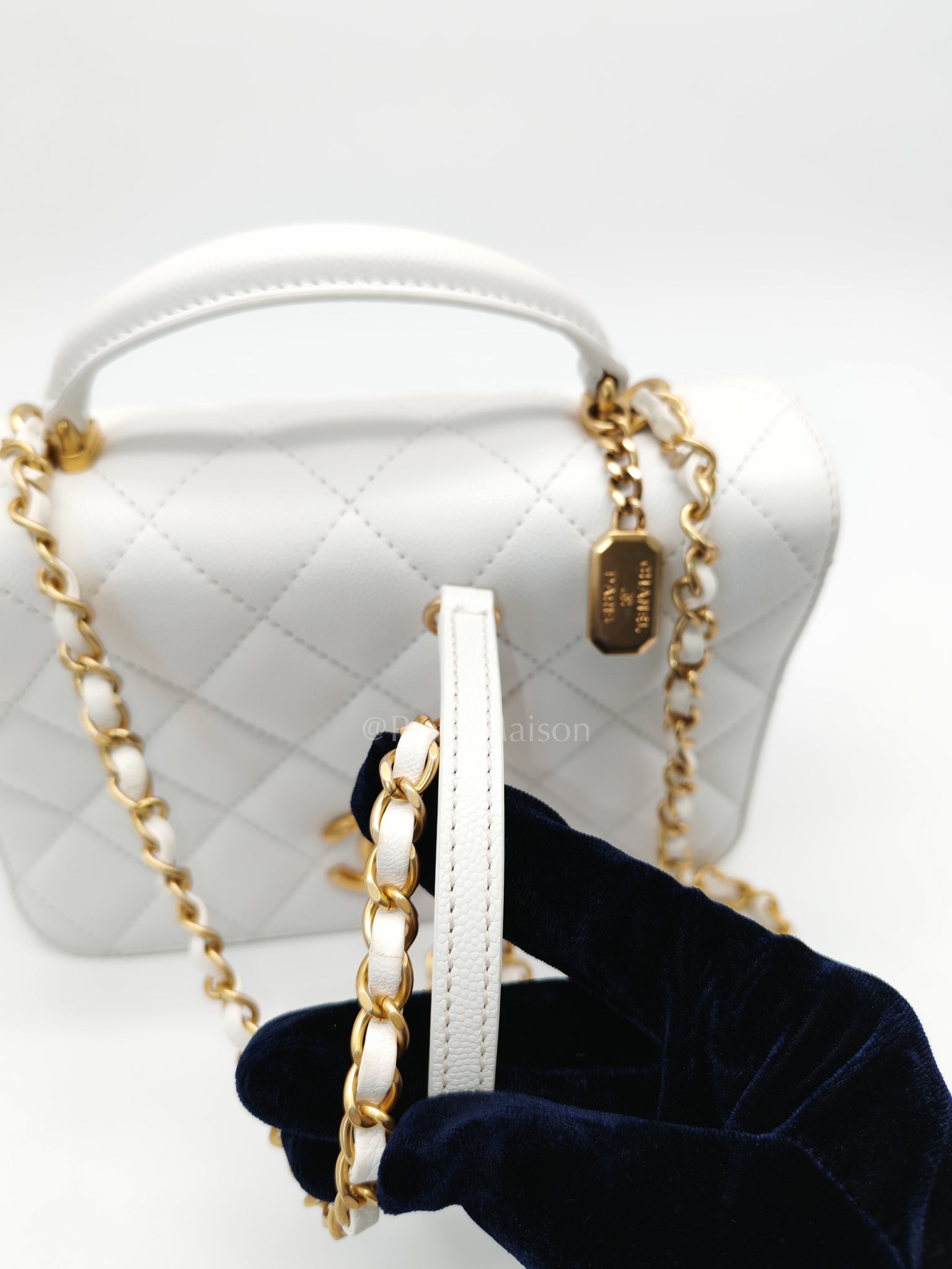 Full Flap Top Handle in White Caviar Calfskin Leather and Aged Gold Hardware (Microchip) | Purse Maison Luxury Bags Shop