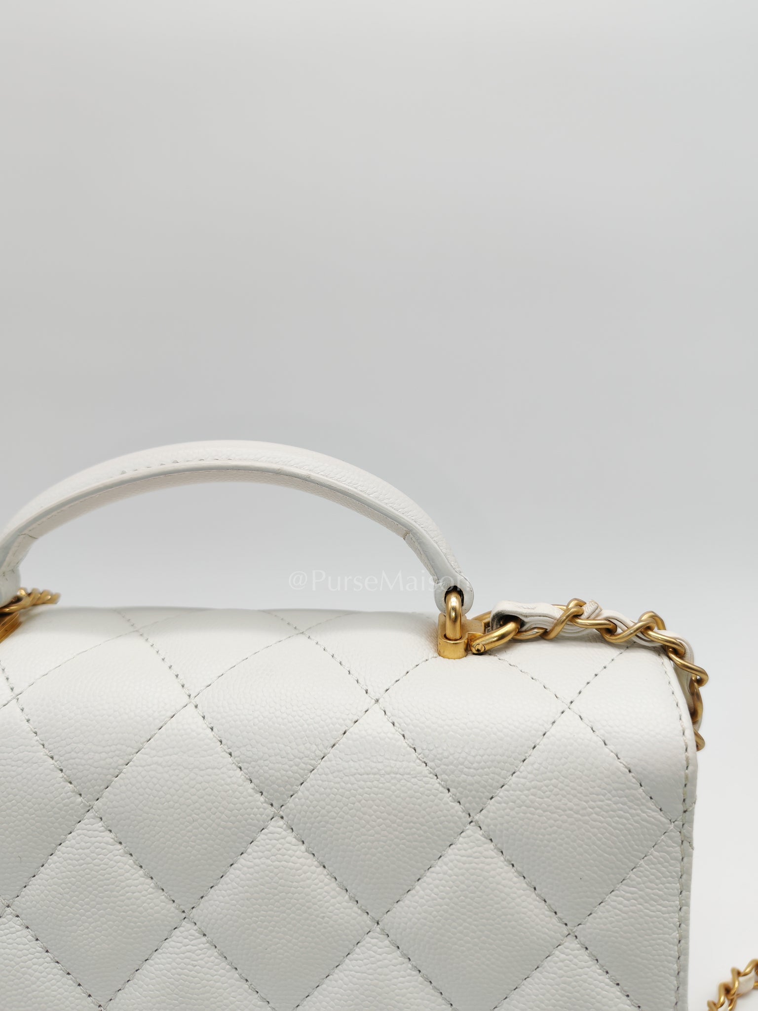 Full Flap Top Handle in White Caviar Calfskin Leather and Aged Gold Hardware (Microchip) | Purse Maison Luxury Bags Shop