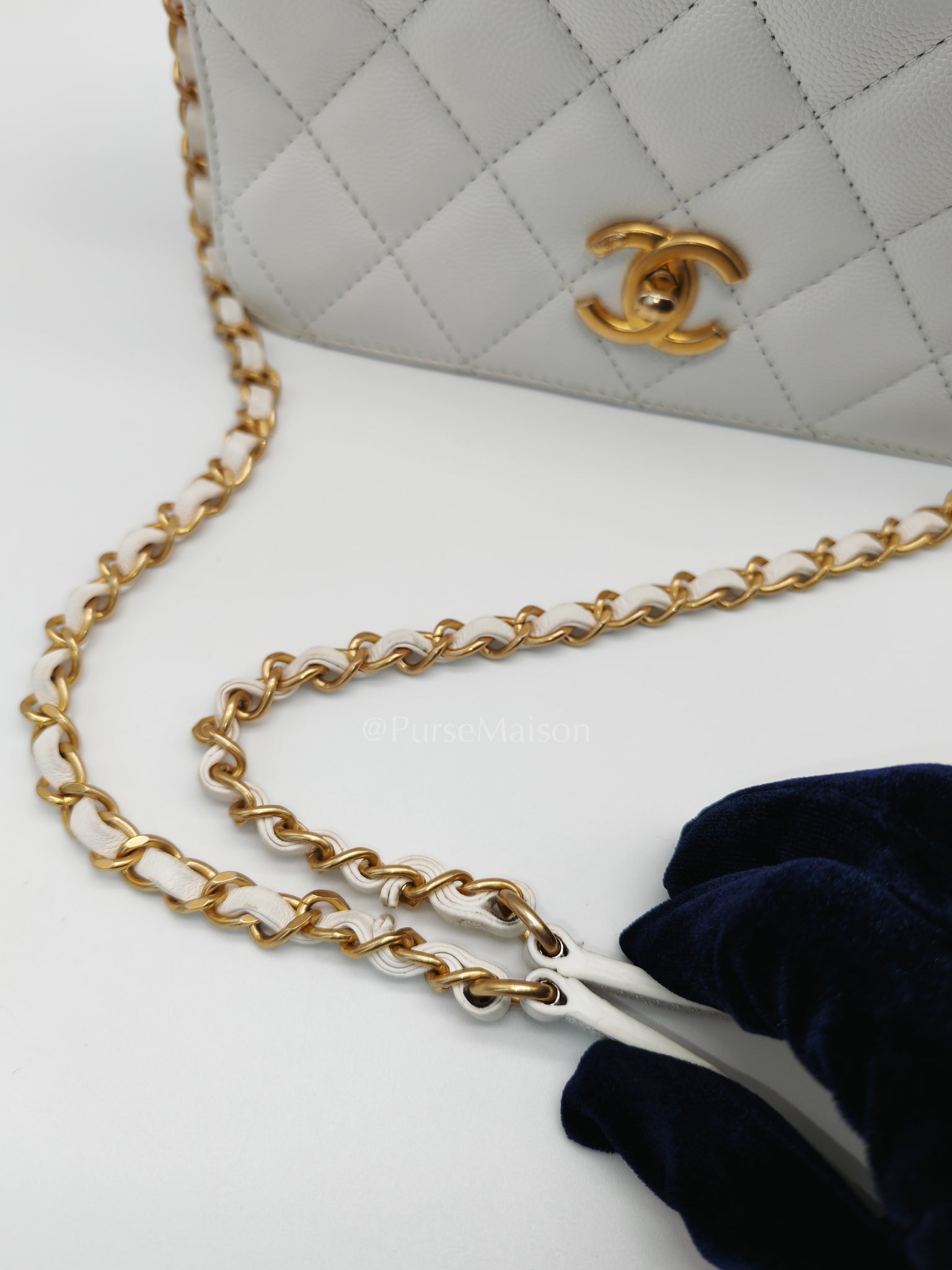 Full Flap Top Handle in White Caviar Calfskin Leather and Aged Gold Hardware (Microchip) | Purse Maison Luxury Bags Shop