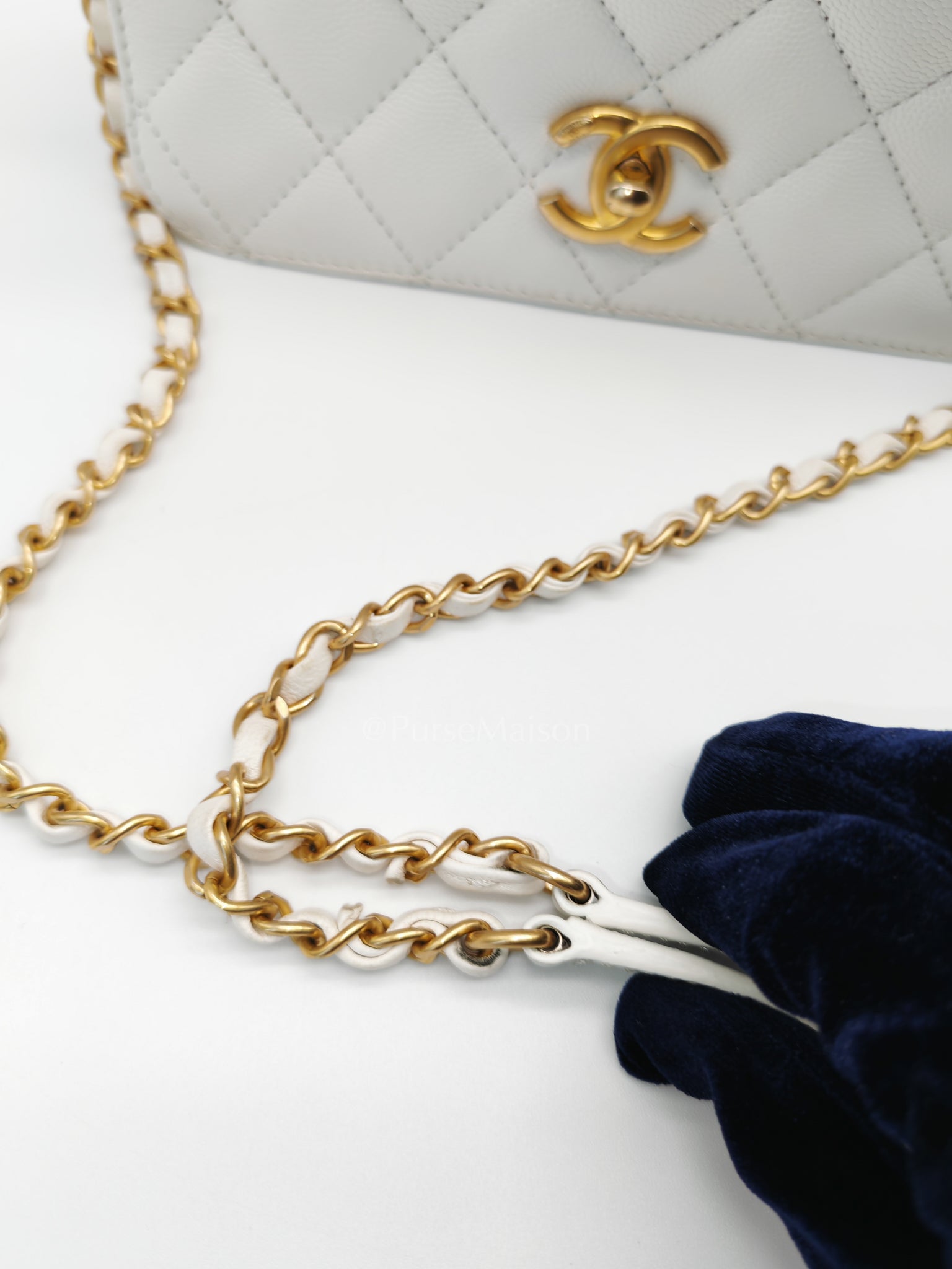 Full Flap Top Handle in White Caviar Calfskin Leather and Aged Gold Hardware (Microchip) | Purse Maison Luxury Bags Shop