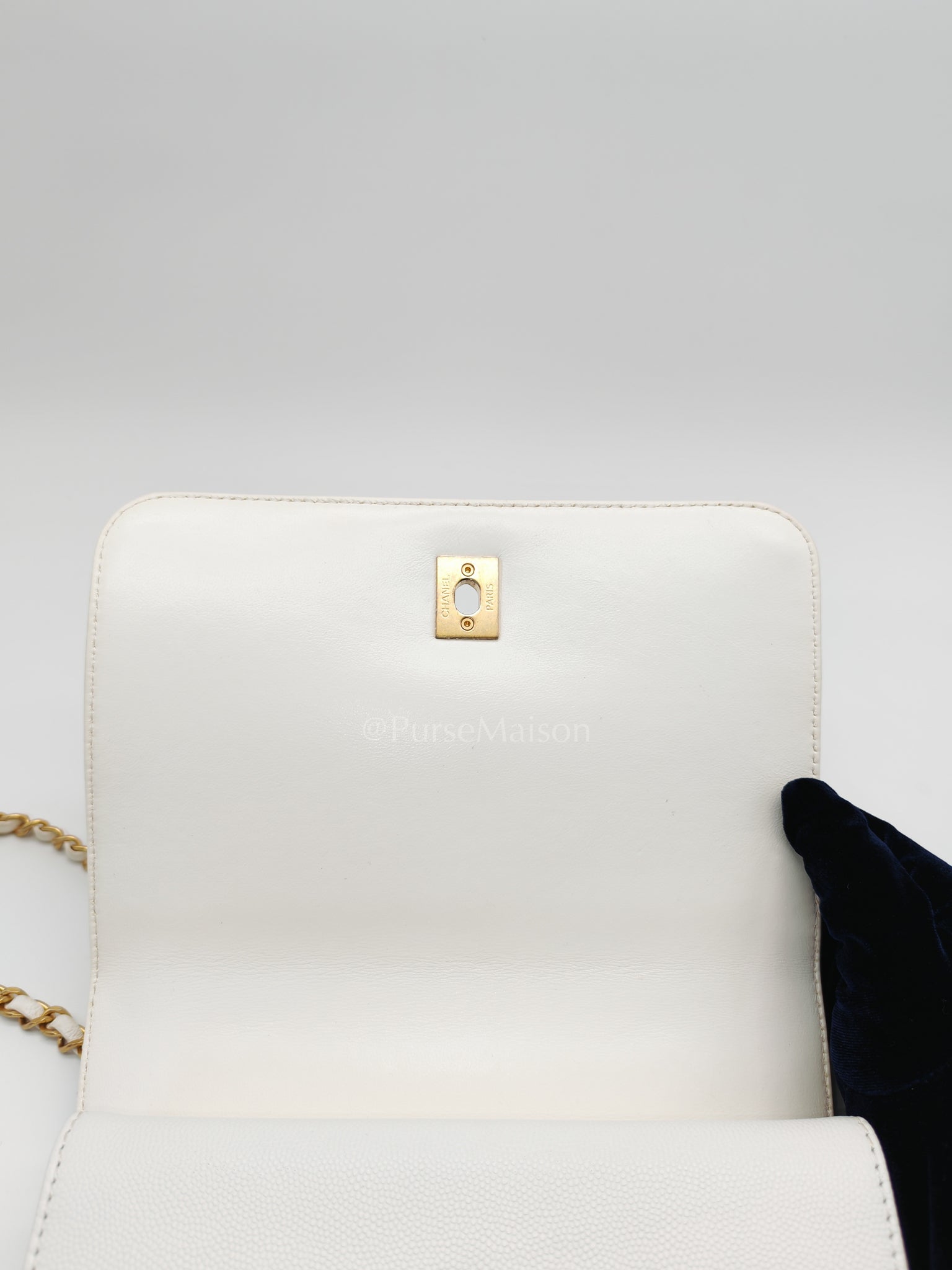 Full Flap Top Handle in White Caviar Calfskin Leather and Aged Gold Hardware (Microchip) | Purse Maison Luxury Bags Shop