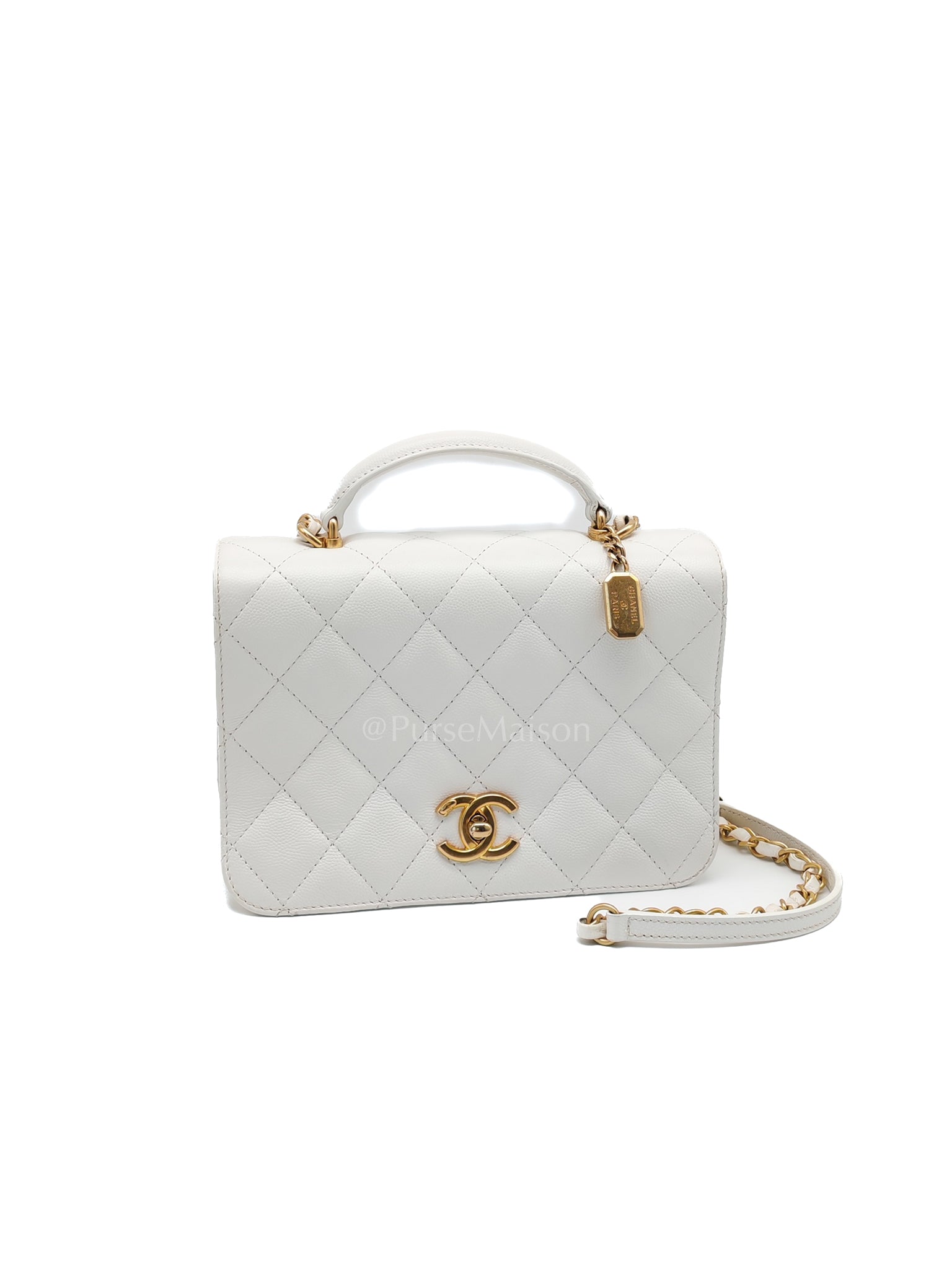 Full Flap Top Handle in White Caviar Calfskin Leather and Aged Gold Hardware (Microchip) | Purse Maison Luxury Bags Shop