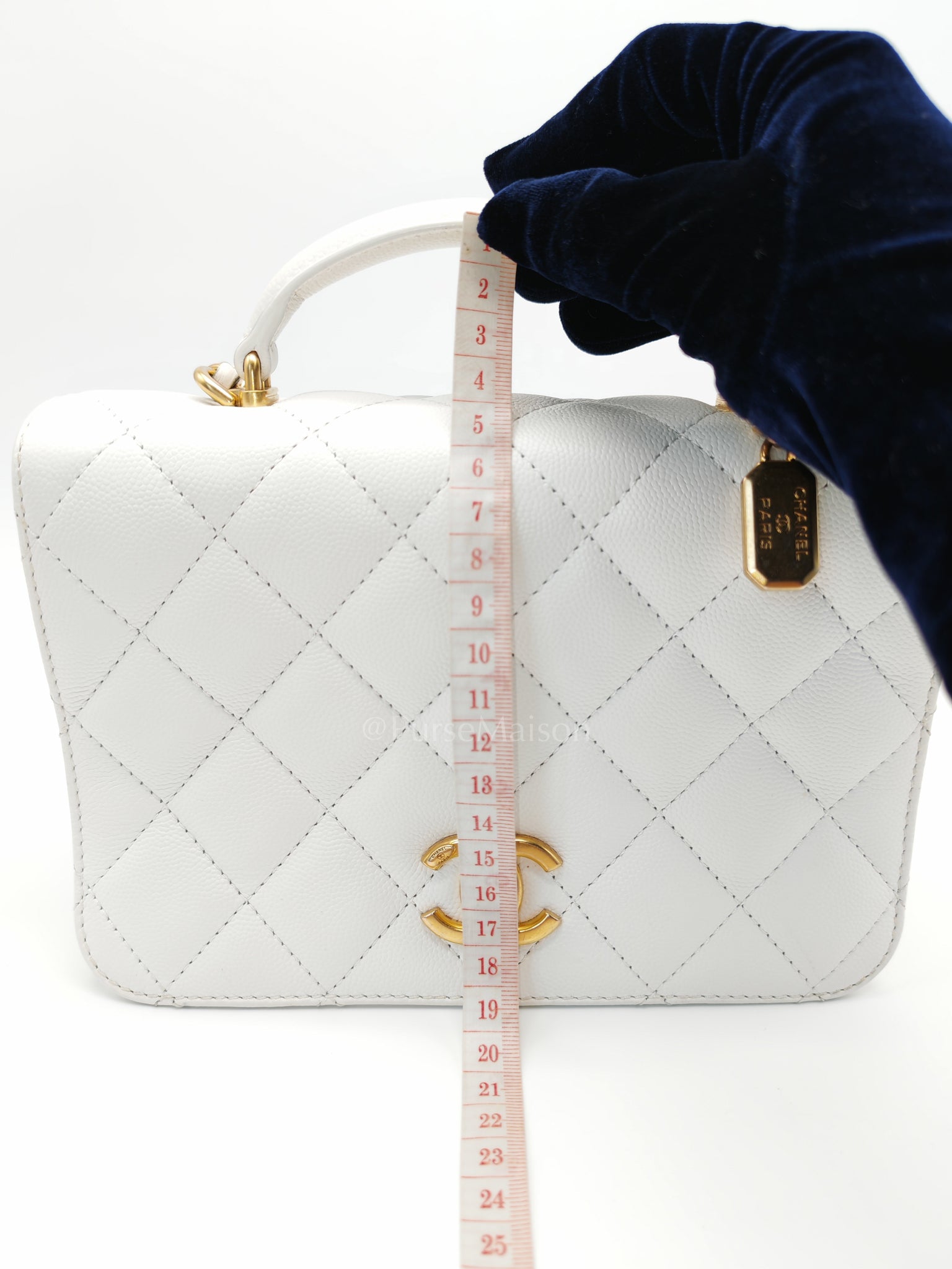 Full Flap Top Handle in White Caviar Calfskin Leather and Aged Gold Hardware (Microchip) | Purse Maison Luxury Bags Shop