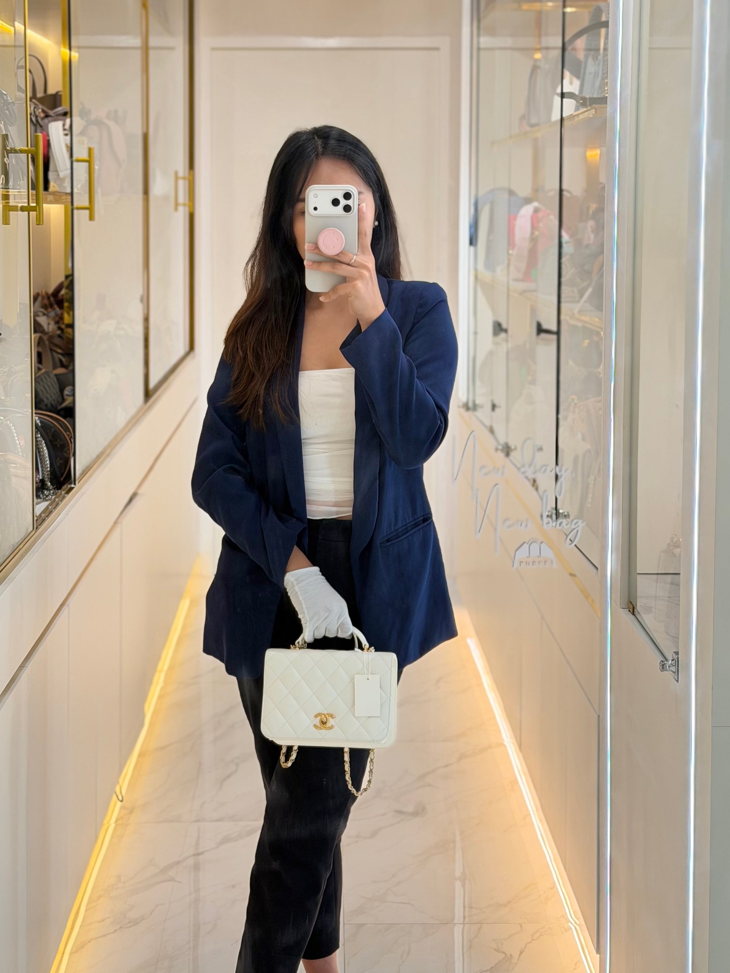 Full Flap Top Handle in White Caviar Calfskin Leather and Aged Gold Hardware (Microchip) | Purse Maison Luxury Bags Shop