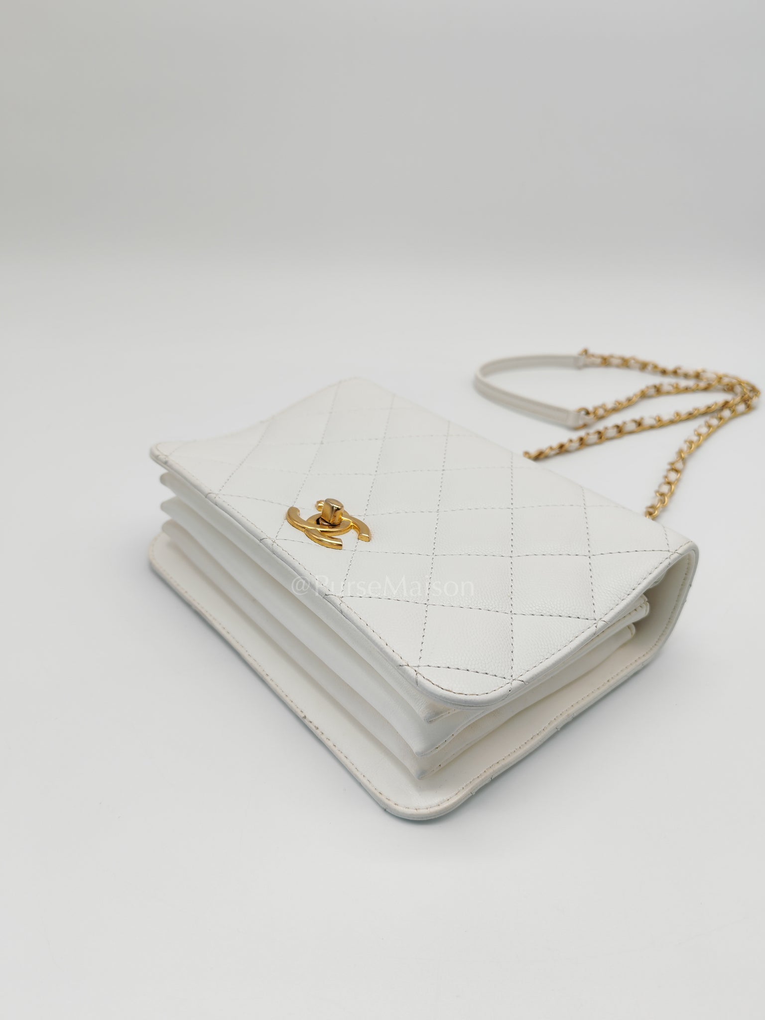 Full Flap Top Handle in White Caviar Calfskin Leather and Aged Gold Hardware (Microchip) | Purse Maison Luxury Bags Shop