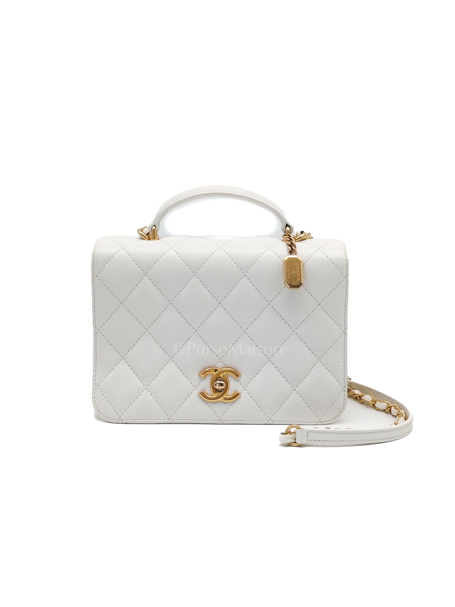 Full Flap Top Handle in White Caviar Calfskin Leather and Aged Gold Hardware (Microchip) | Purse Maison Luxury Bags Shop