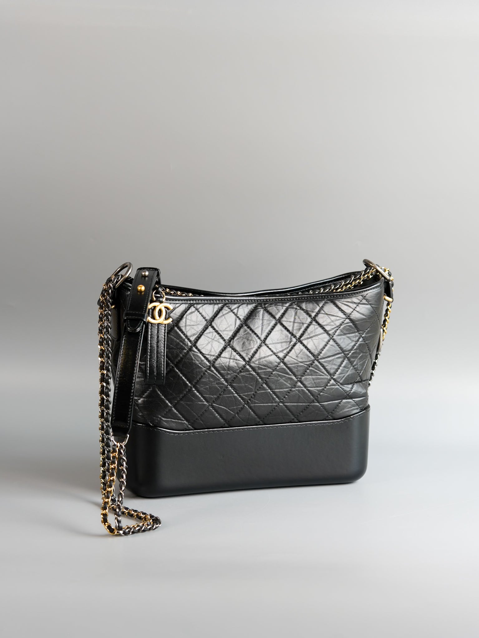 Gabrielle Hobo Old Medium (Large) in Black Quilted Distressed Calfskin & Mixed Hardware (Series 27) | Purse Maison Luxury Bags Shop