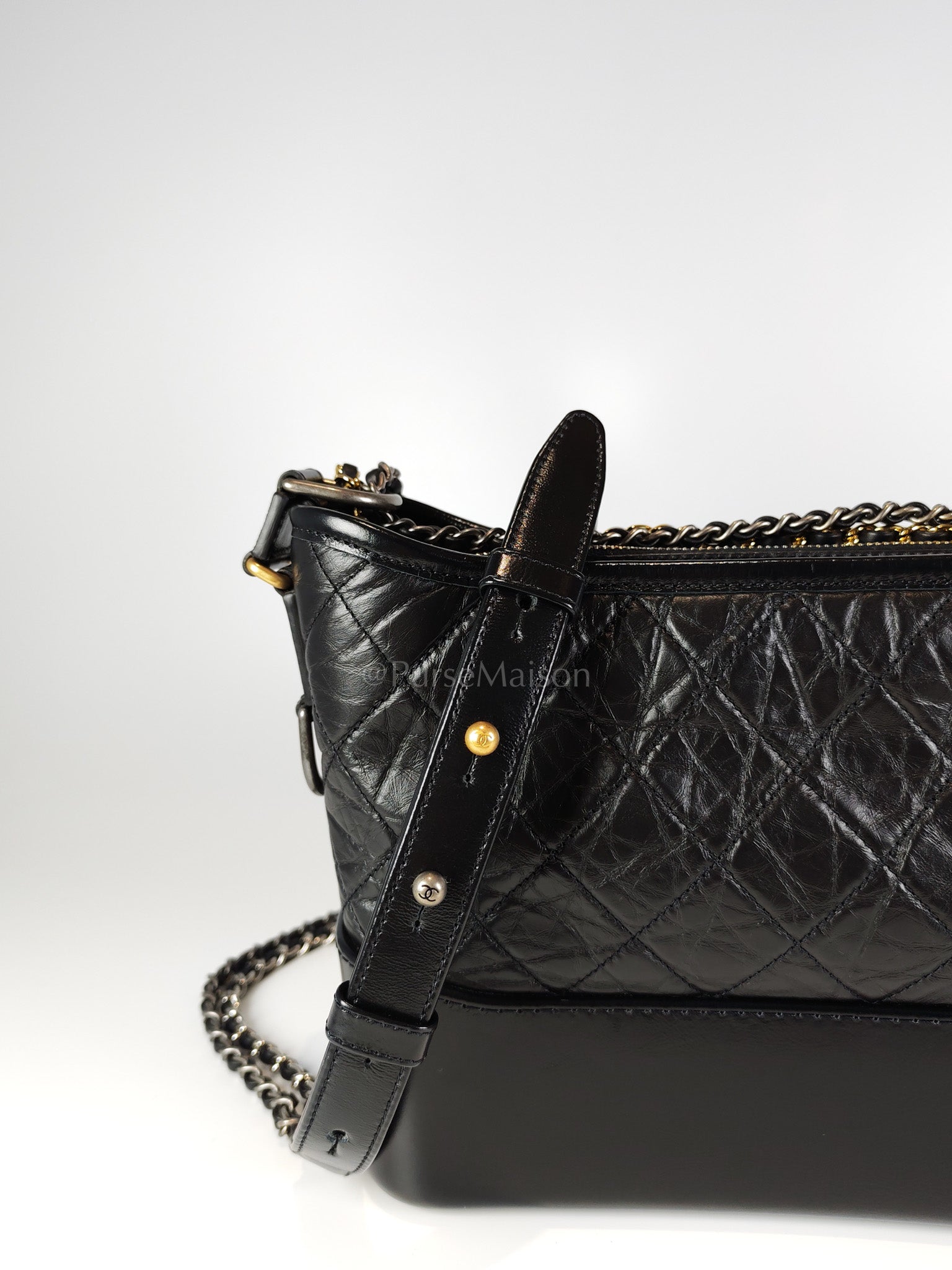 Gabrielle Medium in Black Quilted Distressed Calfskin & Mixed Hardware (Microchip) | Purse Maison Luxury Bags Shop