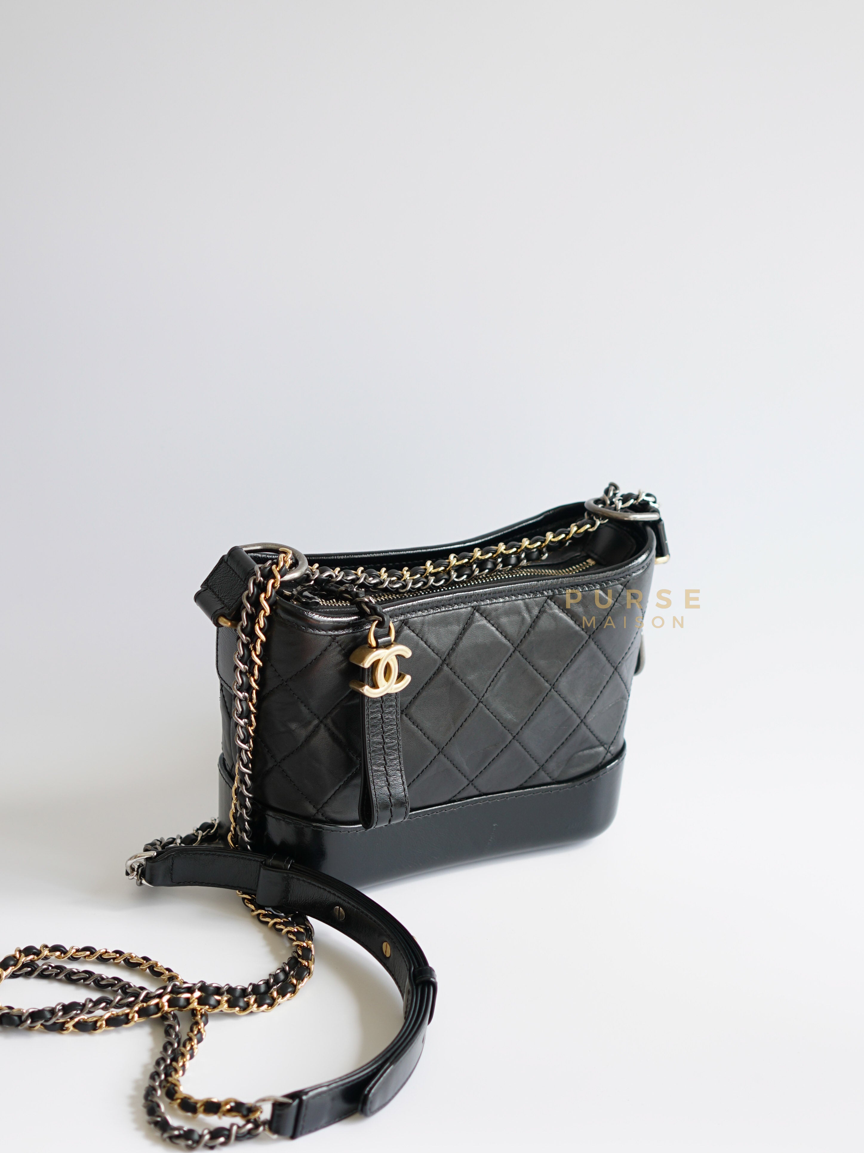 Gabrielle Small Hobo Bag in Black Distressed Calfskin Leather & Mixed Hardware (Series 30) | Purse Maison Luxury Bags Shop