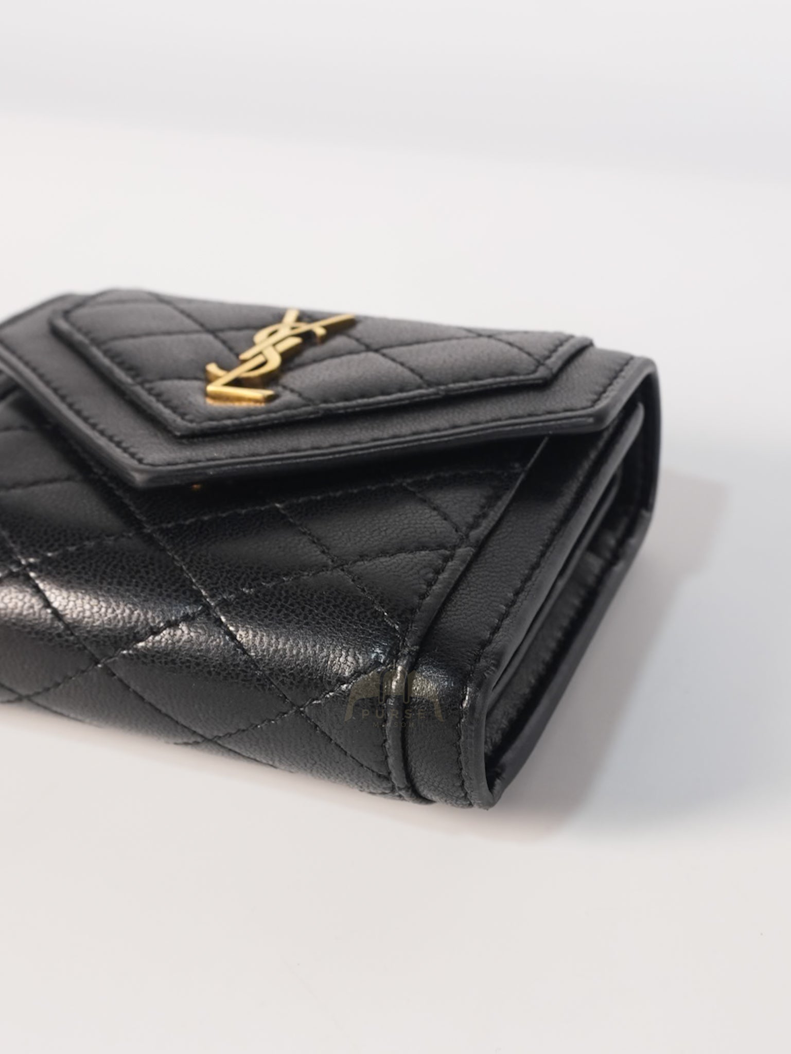 Gaby in Black Lambskin Tri-fold Compact Wallet | Purse Maison Luxury Bags Shop