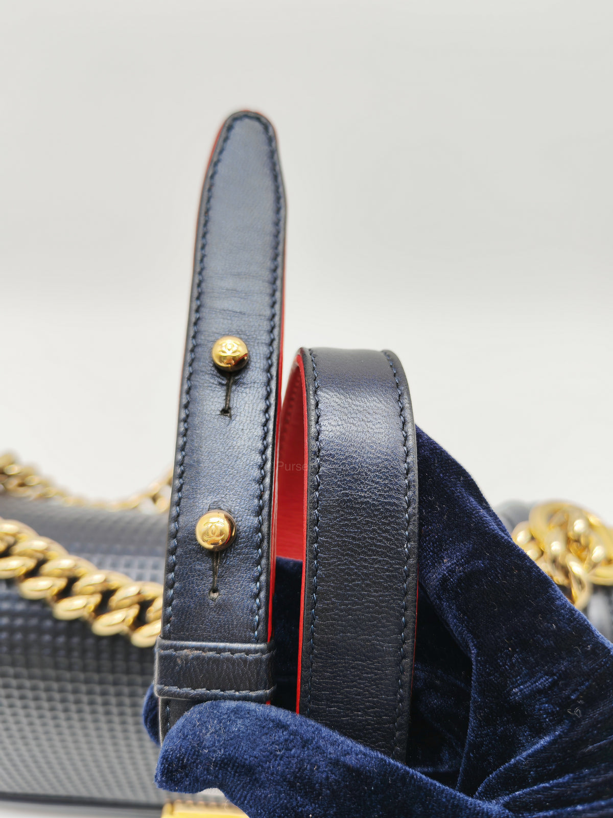 Chanel Boy Medium Limited Edition in Navy Blue Cube Embossed Lambskin Leather and Gold Hardware Series 18