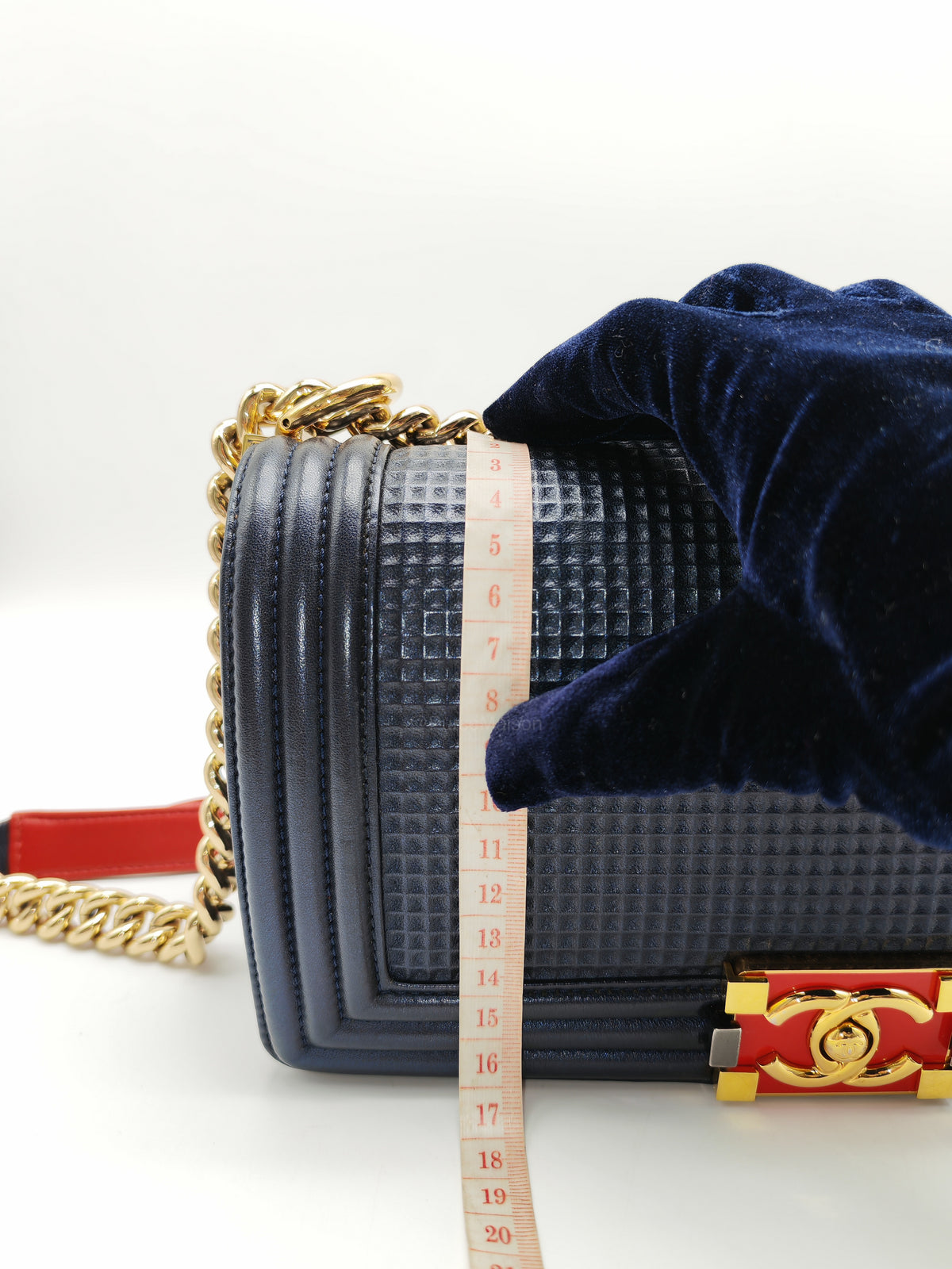 Chanel Boy Medium Limited Edition in Navy Blue Cube Embossed Lambskin Leather and Gold Hardware Series 18