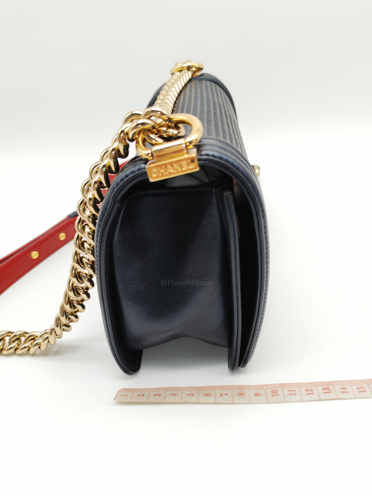 Chanel Boy Medium Limited Edition in Navy Blue Cube Embossed Lambskin Leather and Gold Hardware Series 18