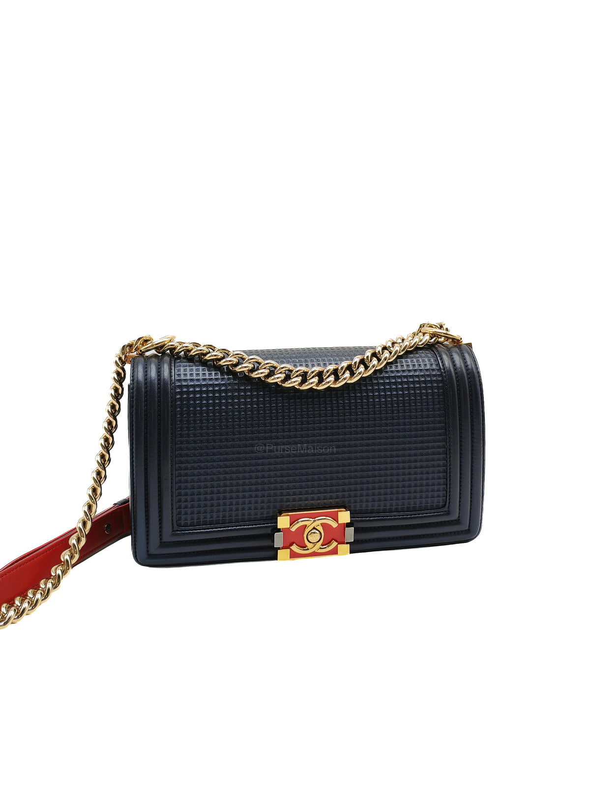 Chanel Boy Medium Limited Edition in Navy Blue Cube Embossed Lambskin Leather and Gold Hardware Series 18