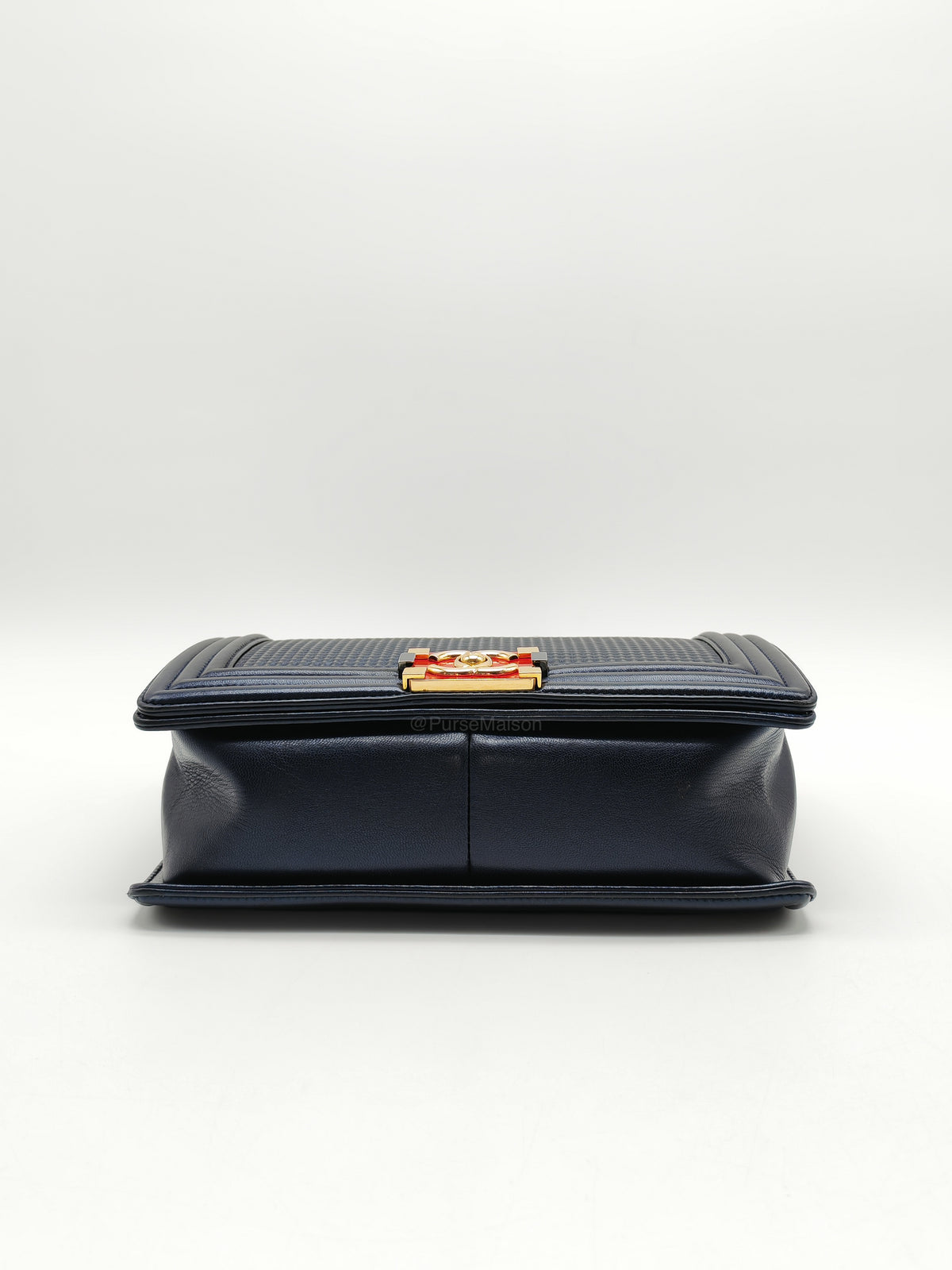 Chanel Boy Medium Limited Edition in Navy Blue Cube Embossed Lambskin Leather and Gold Hardware Series 18