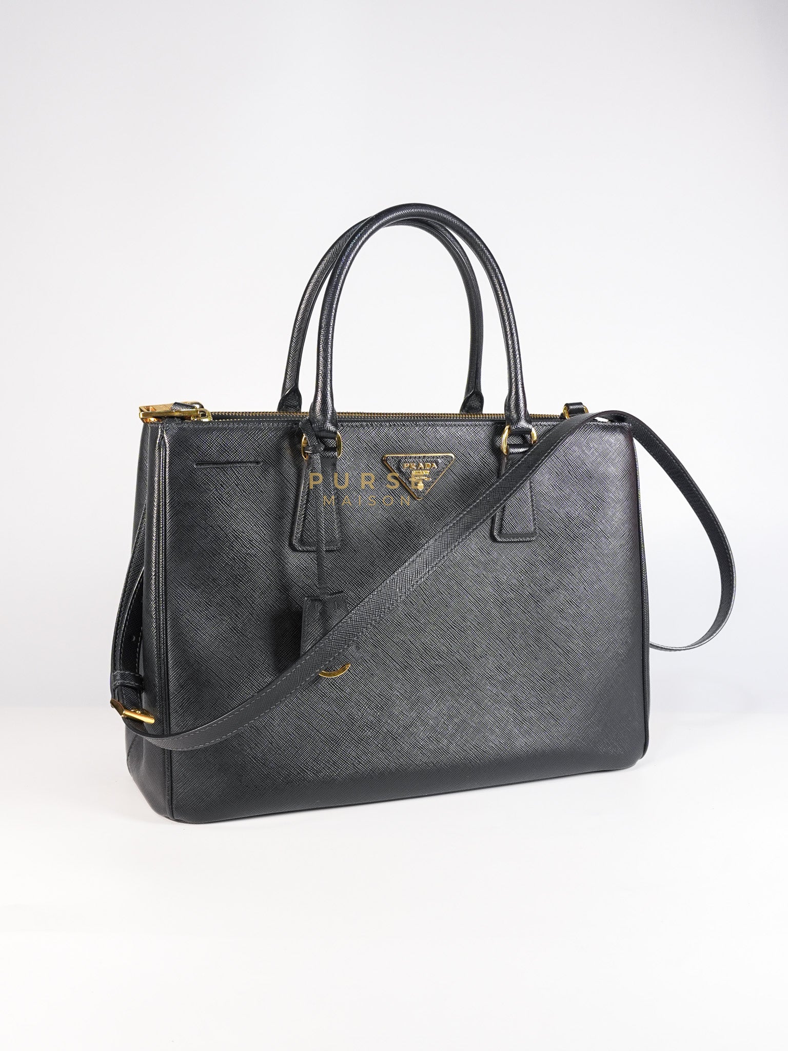 Galleria 2way Tote Bag Large in Black Saffiano Leather & Gold Hardware | Purse Maison Luxury Bags Shop
