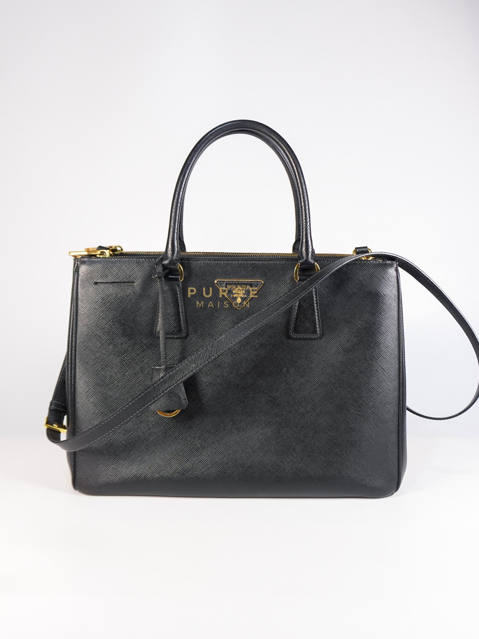 Galleria 2way Tote Bag Large in Black Saffiano Leather & Gold Hardware | Purse Maison Luxury Bags Shop