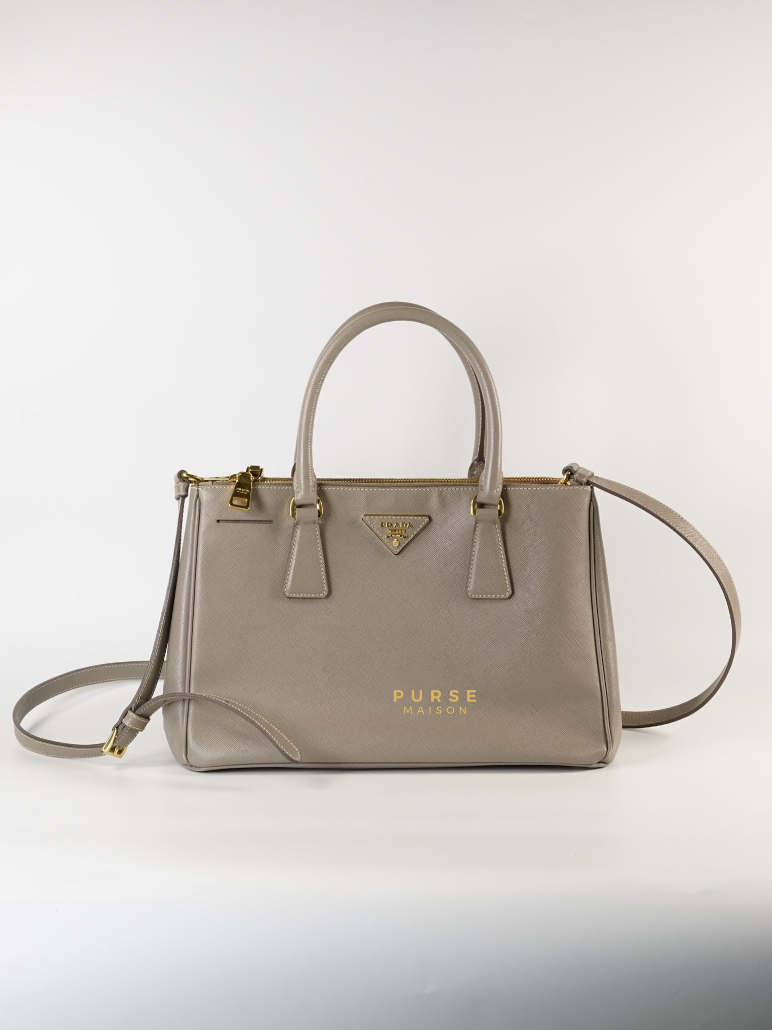 Galleria Small Double Zip in Gray Saffiano Lux | Purse Maison Luxury Bags Shop