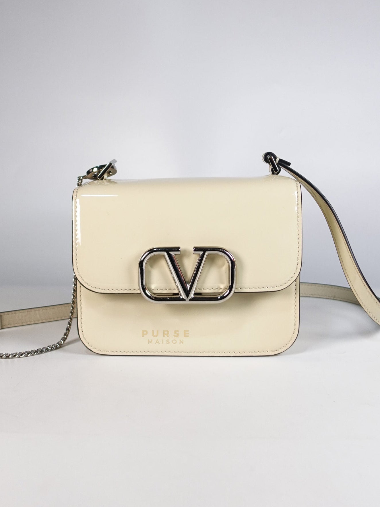 Garavani V-Logo& Almond Beige Patent Small Crossbody Bag | Purse Maison Luxury Bags Shop