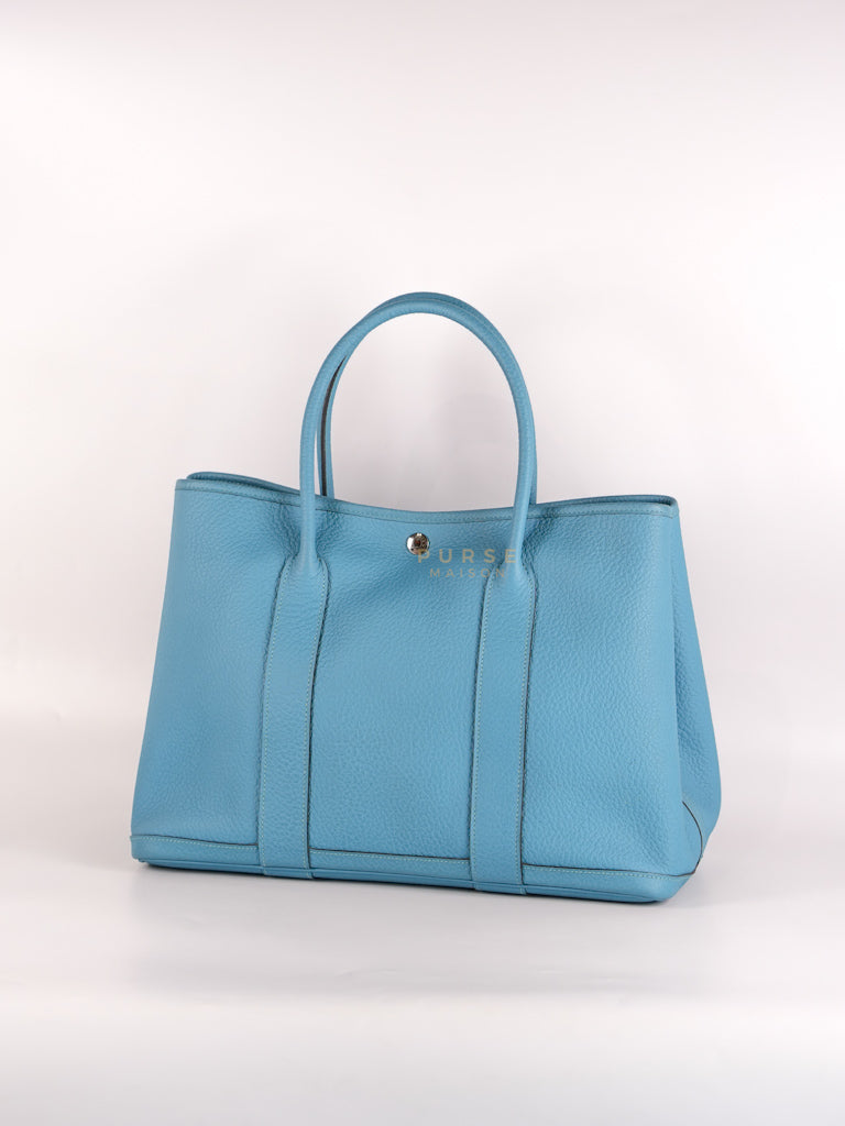 Garden Party Tote 36 (GPT) in Turqoise Clemence Leather and Palladium Hardware Stamp Square R (2014) | Purse Maison Luxury Bags Shop