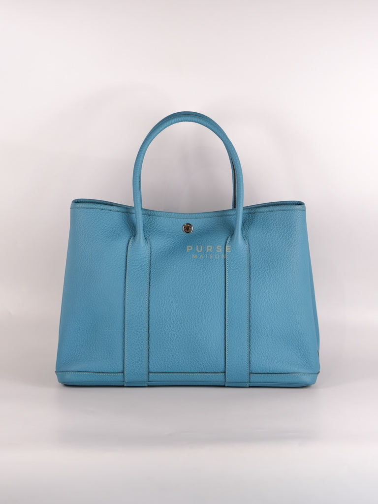 Garden Party Tote 36 (GPT) in Turqoise Clemence Leather and Palladium Hardware Stamp Square R (2014) | Purse Maison Luxury Bags Shop