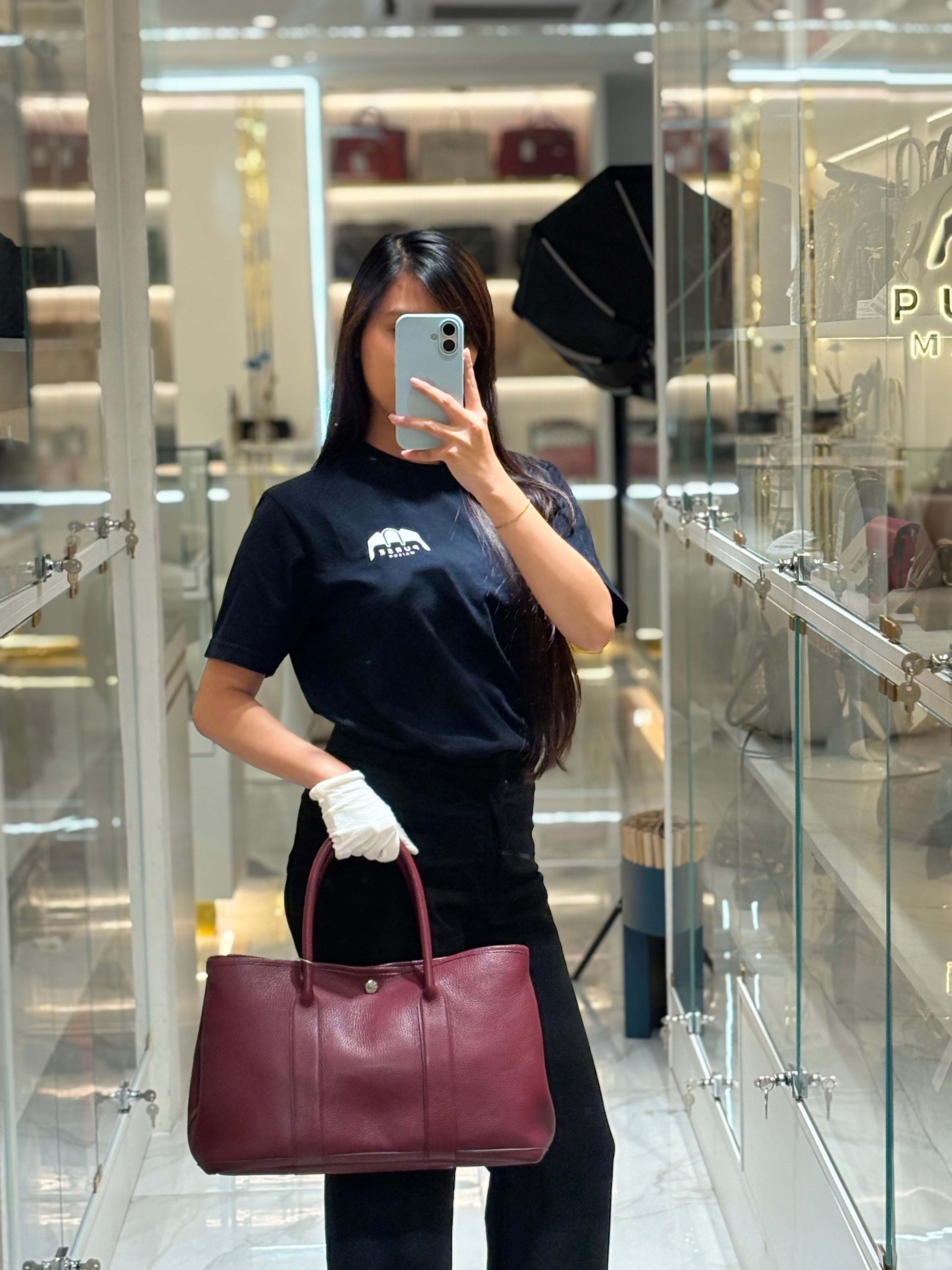 Garden Party Tote Bag 36 (GPT) in Rouge Grenat Clemence Leather & Palladium Hardware Stamp Square D (2000) | Purse Maison Luxury Bags Shop