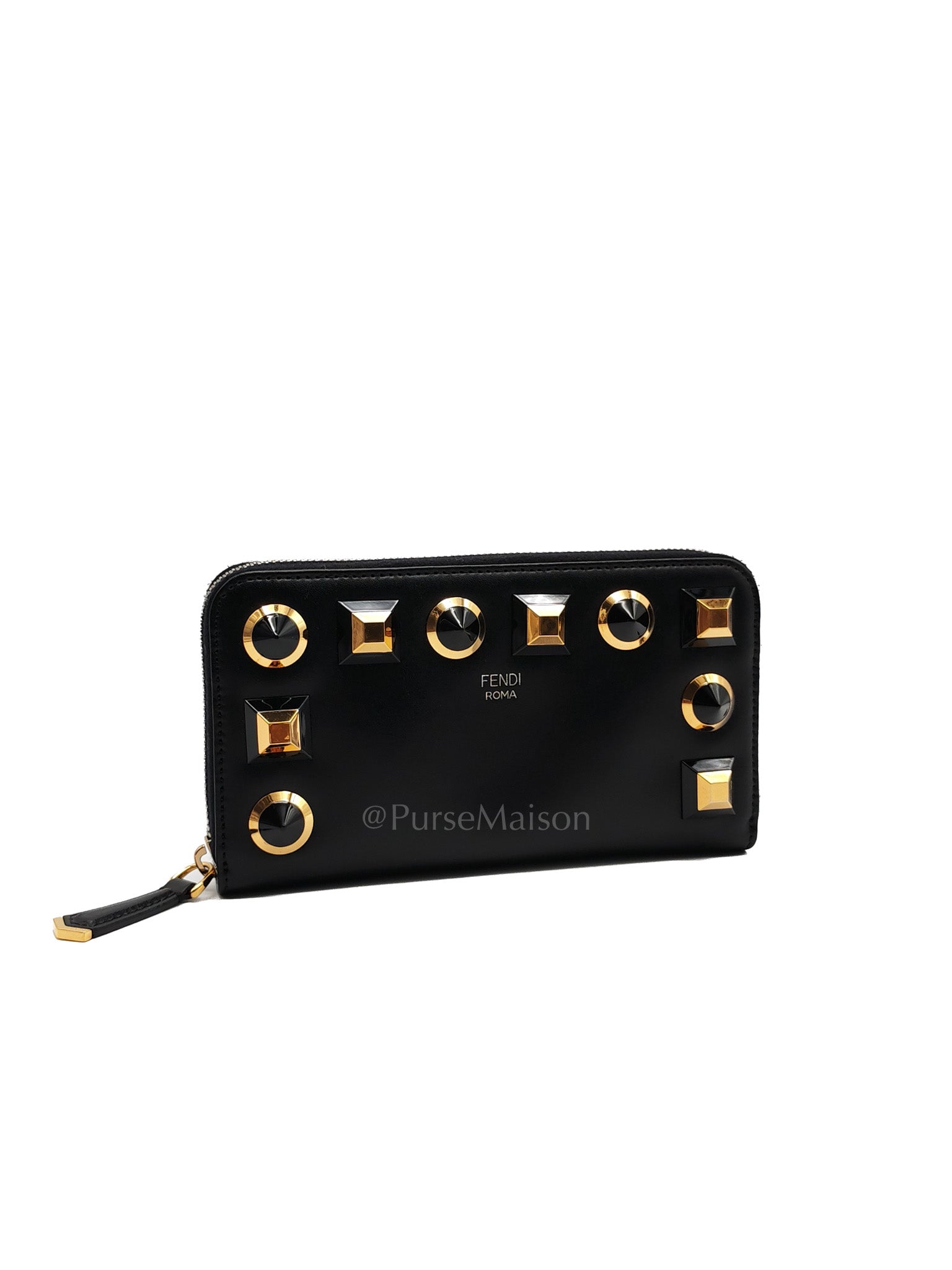 Geometric Stud Zip Around Black Calfskin Leather Long Wallet | Purse Maison Luxury Bags Shop