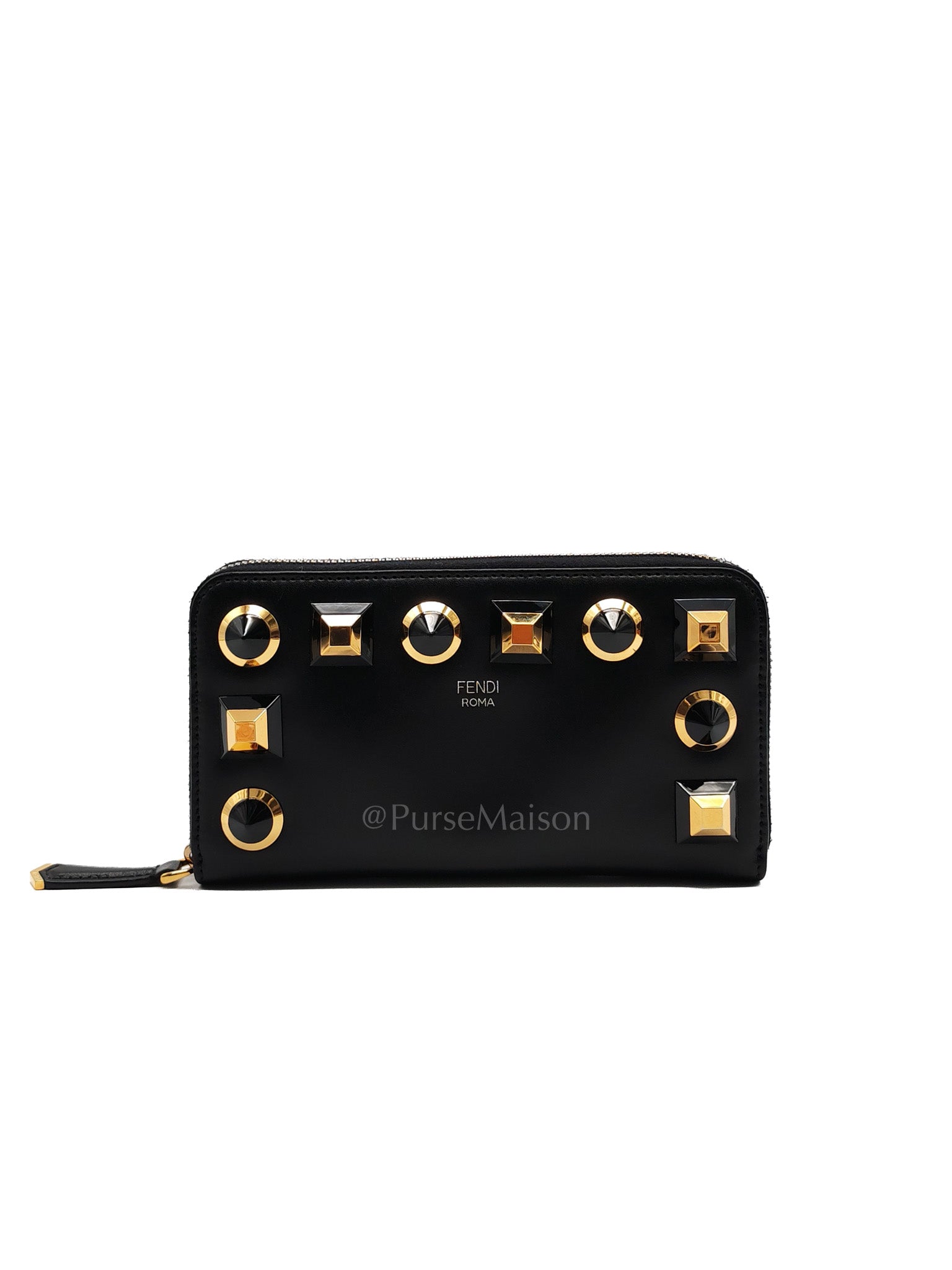 Geometric Stud Zip Around Black Calfskin Leather Long Wallet | Purse Maison Luxury Bags Shop