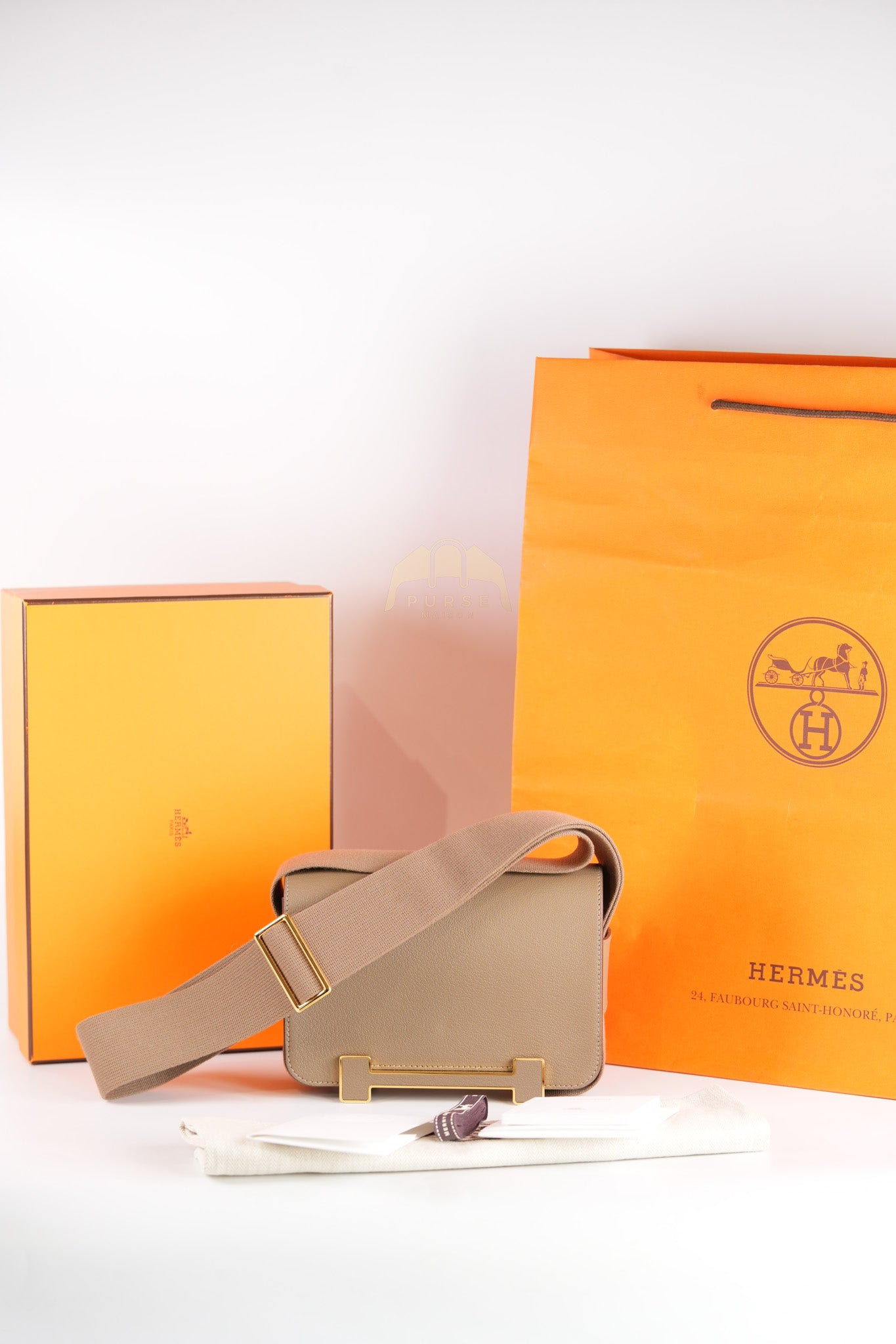 Geta Bag in Etoupe Chevre Mysore Leather & Gold Hardware Stamp B (2023) | Purse Maison Luxury Bags Shop