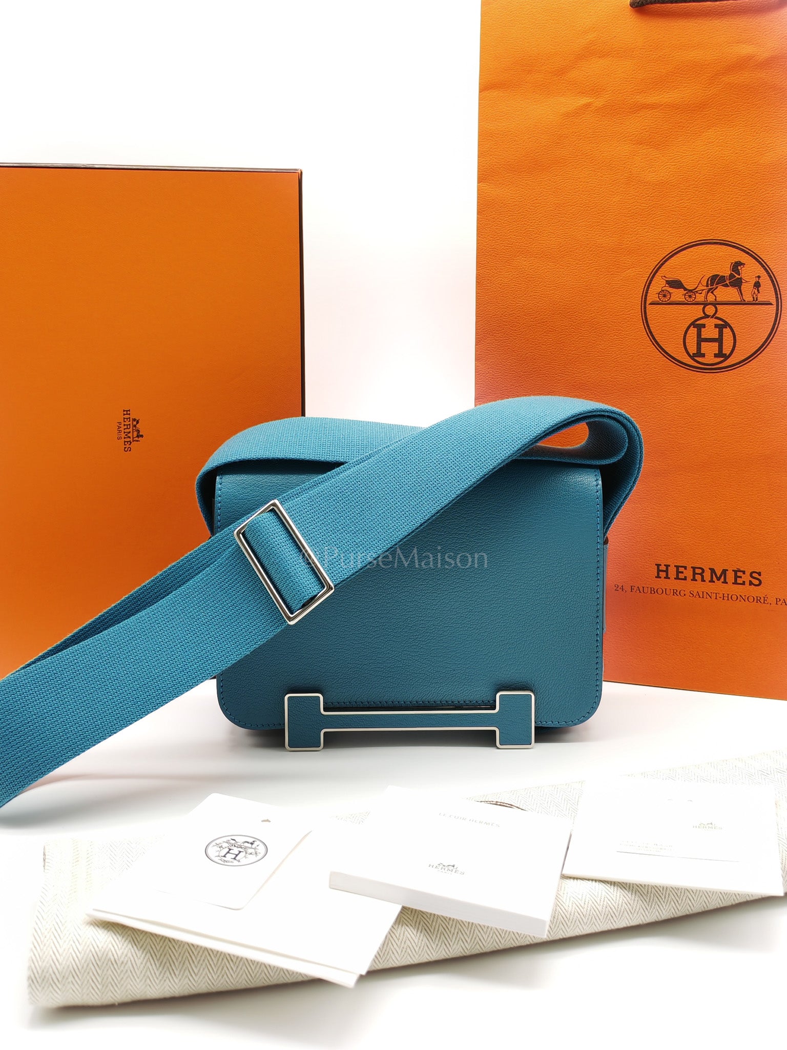 Geta in Blue Jean Chevre Mysore Leather Palladium Stamp W(2024) | Purse Maison Luxury Bags Shop