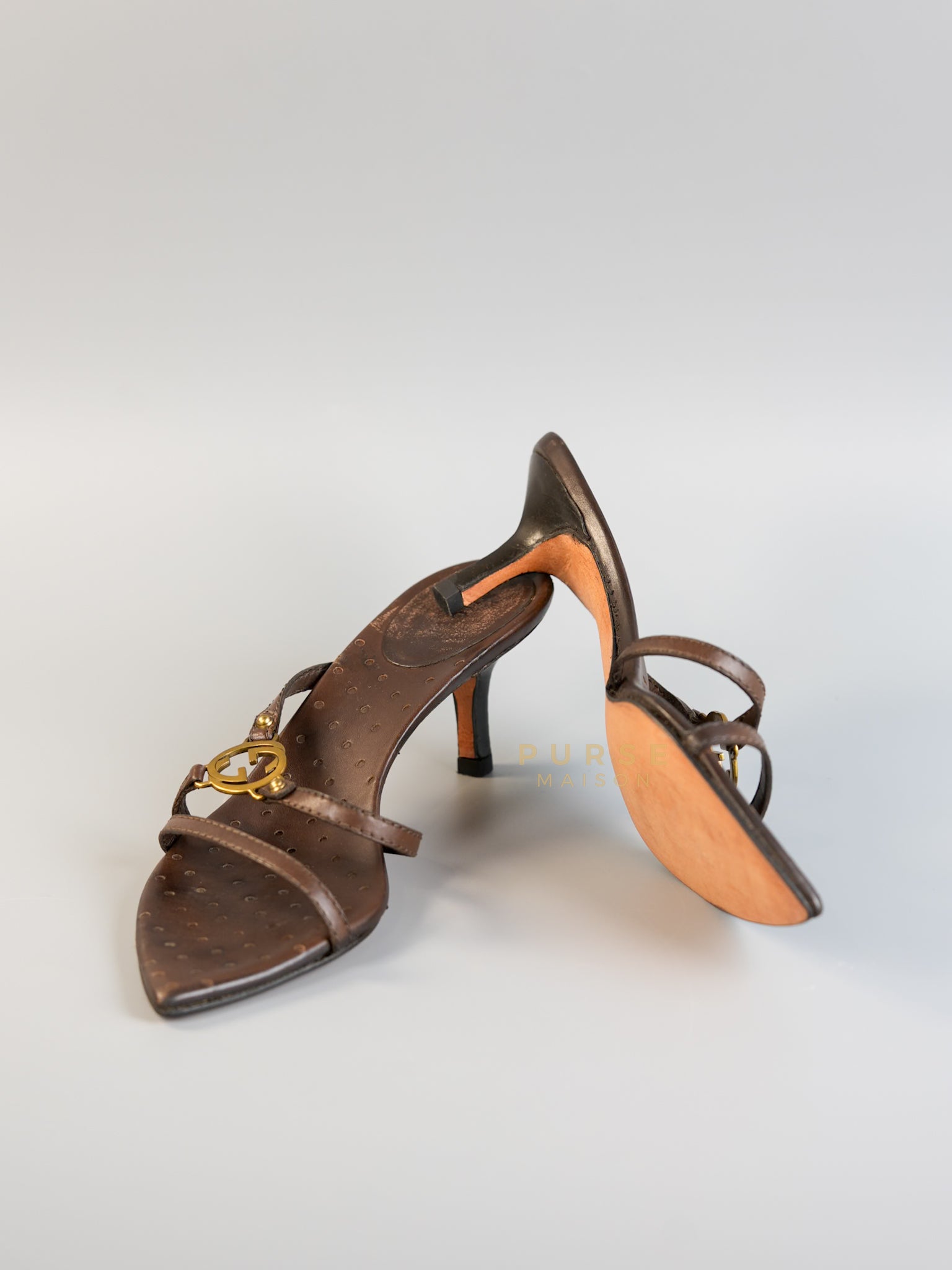 GG Interlocking Strap Brown Heels Sandals Size 38 (27cm) | Purse Maison Luxury Bags Shop